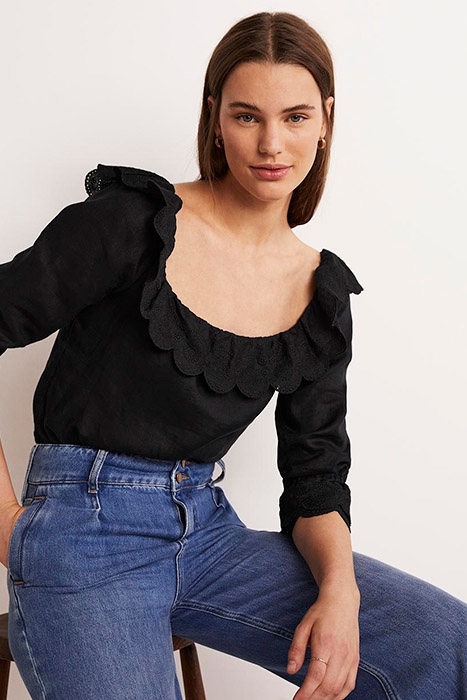 SQUARE NECK FRILL LINEN BLOUSE BLK 3