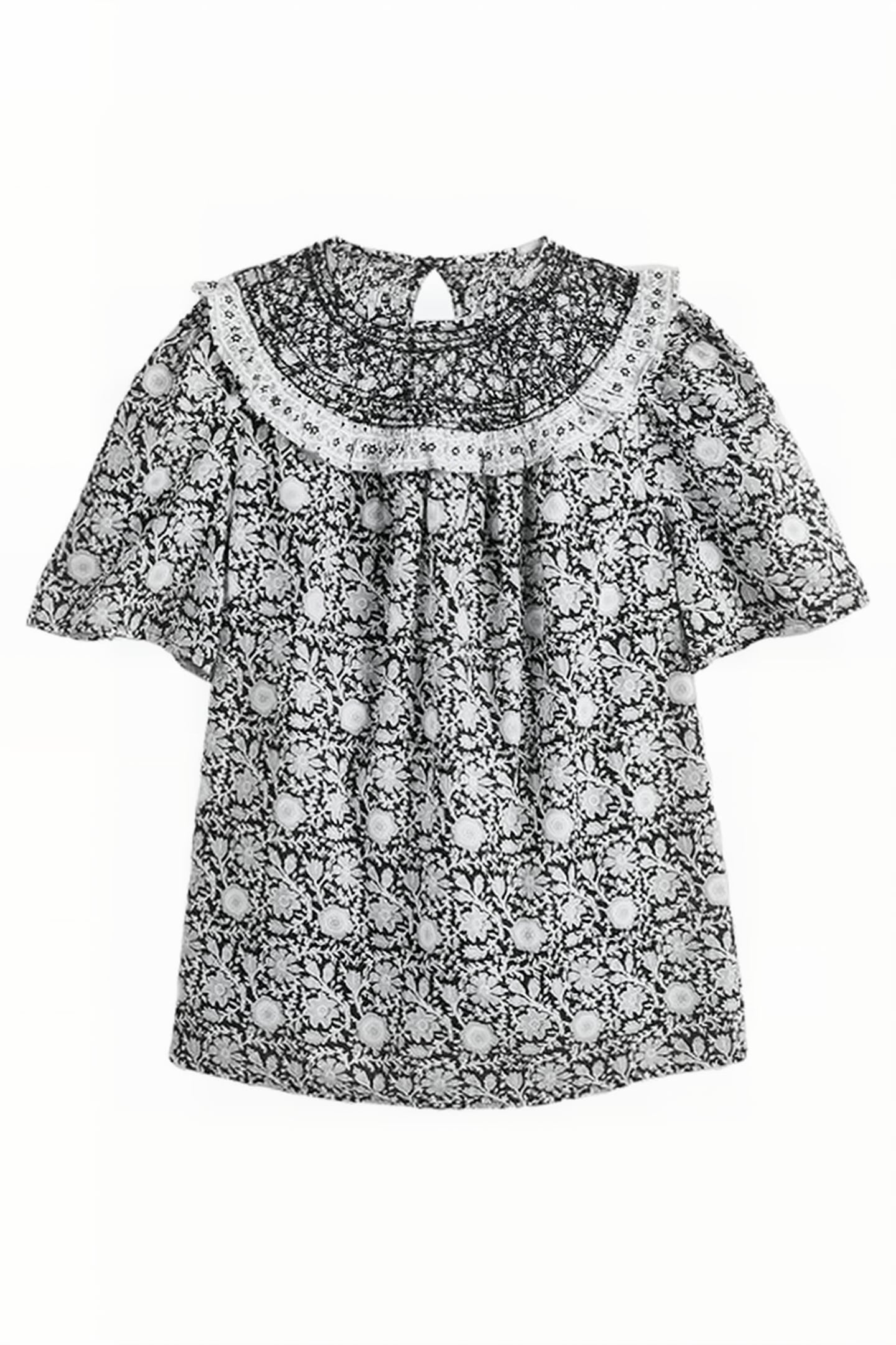 SMOCKED NECK PRINTED TOP BLK 1