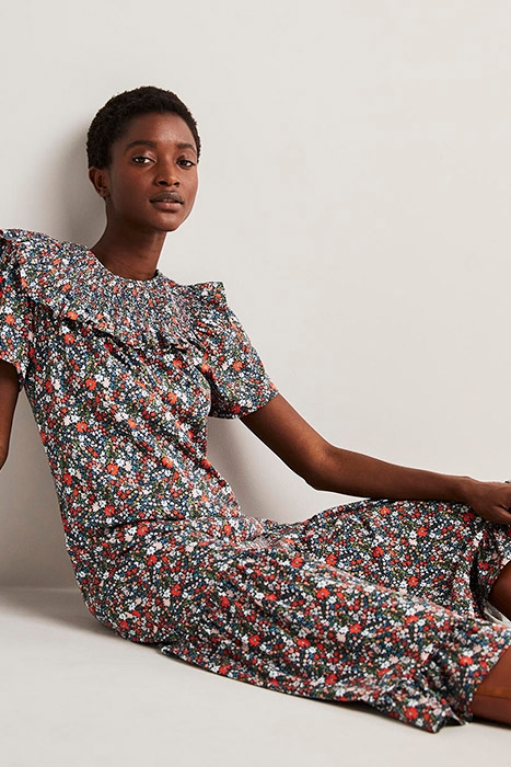 SMOCKED YOKE JERSEY MIDI DRESS NVY 3