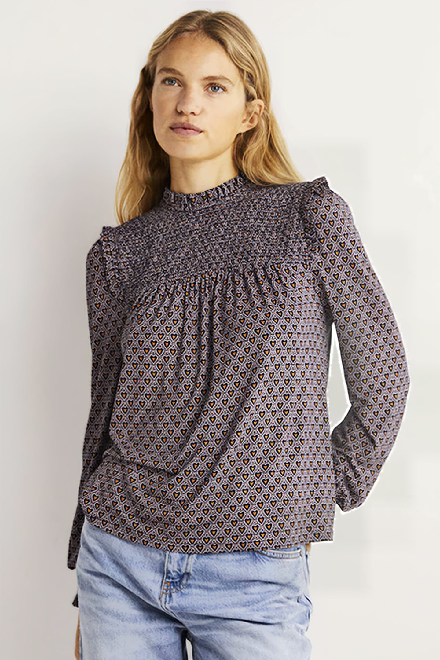 SMOCKED YOKE PRINTED TOP NVY 3