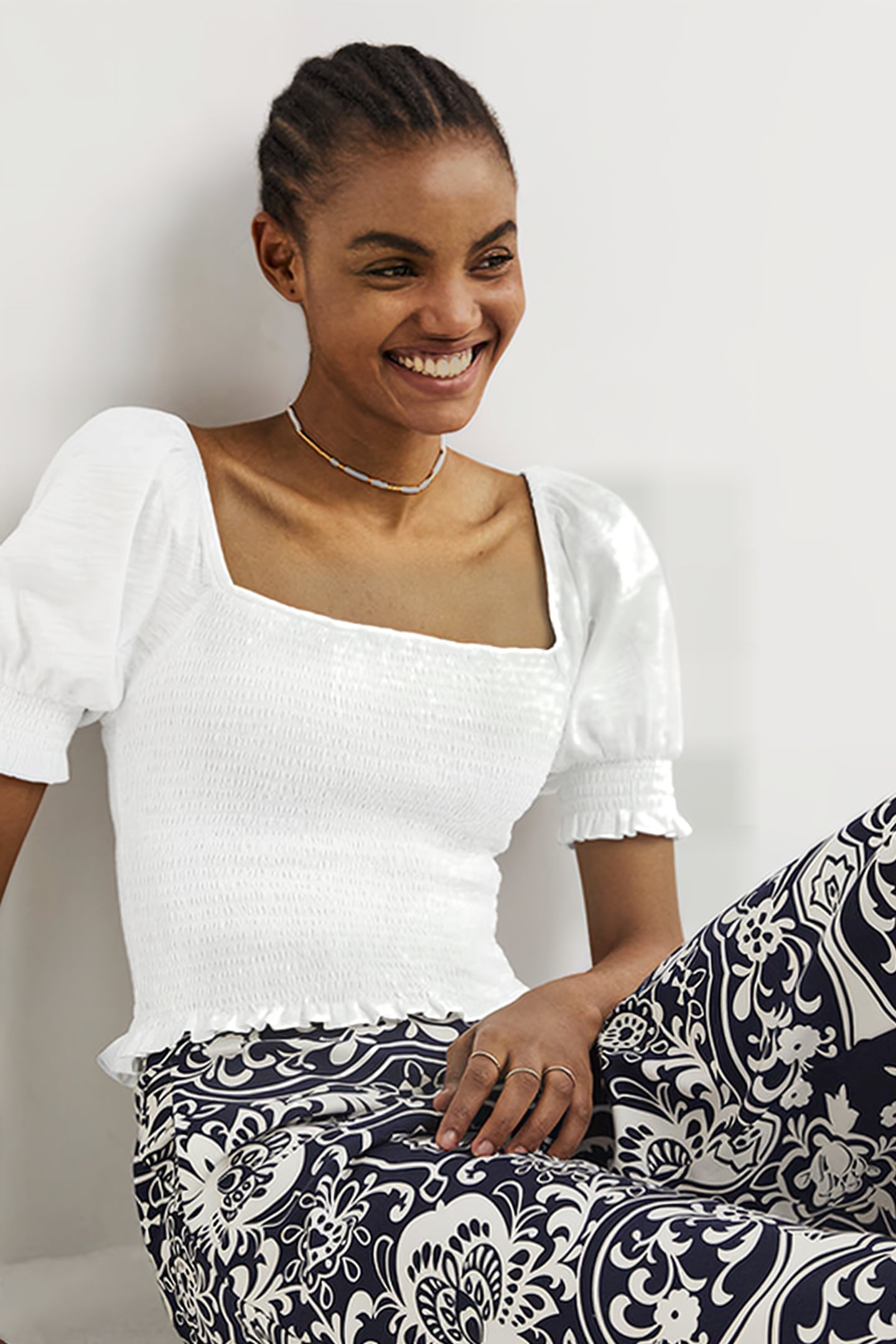 SQUARE NECK SMOCKED JERSEY TOP WHT 2