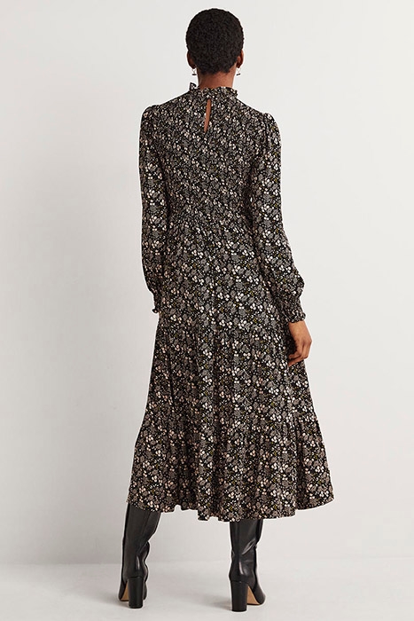 SMOCKED TIERED MIDI DRESS BLK 2