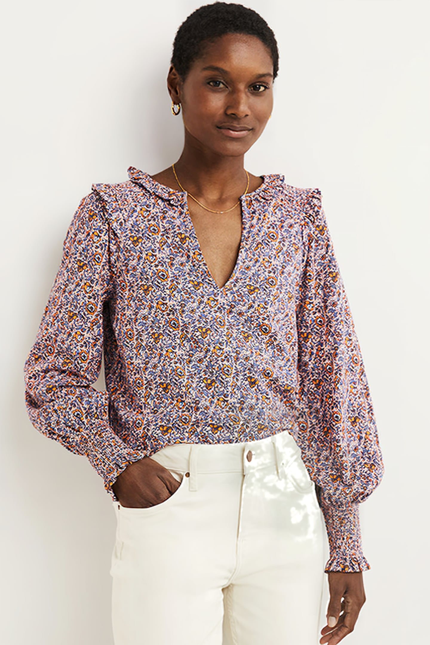 NOTCH NECK SMOCKED FRILL TOP PNK 1