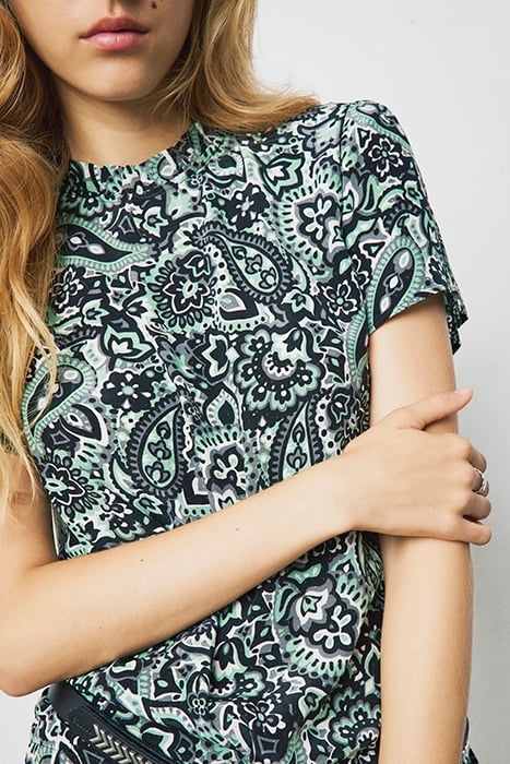 GREEN AND BLACK PAISLEY PRINT VISCOSE SHORT DRESS 6