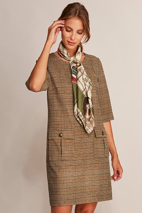 DRESS ROUND NECK APPLIED PKT BROWN 2