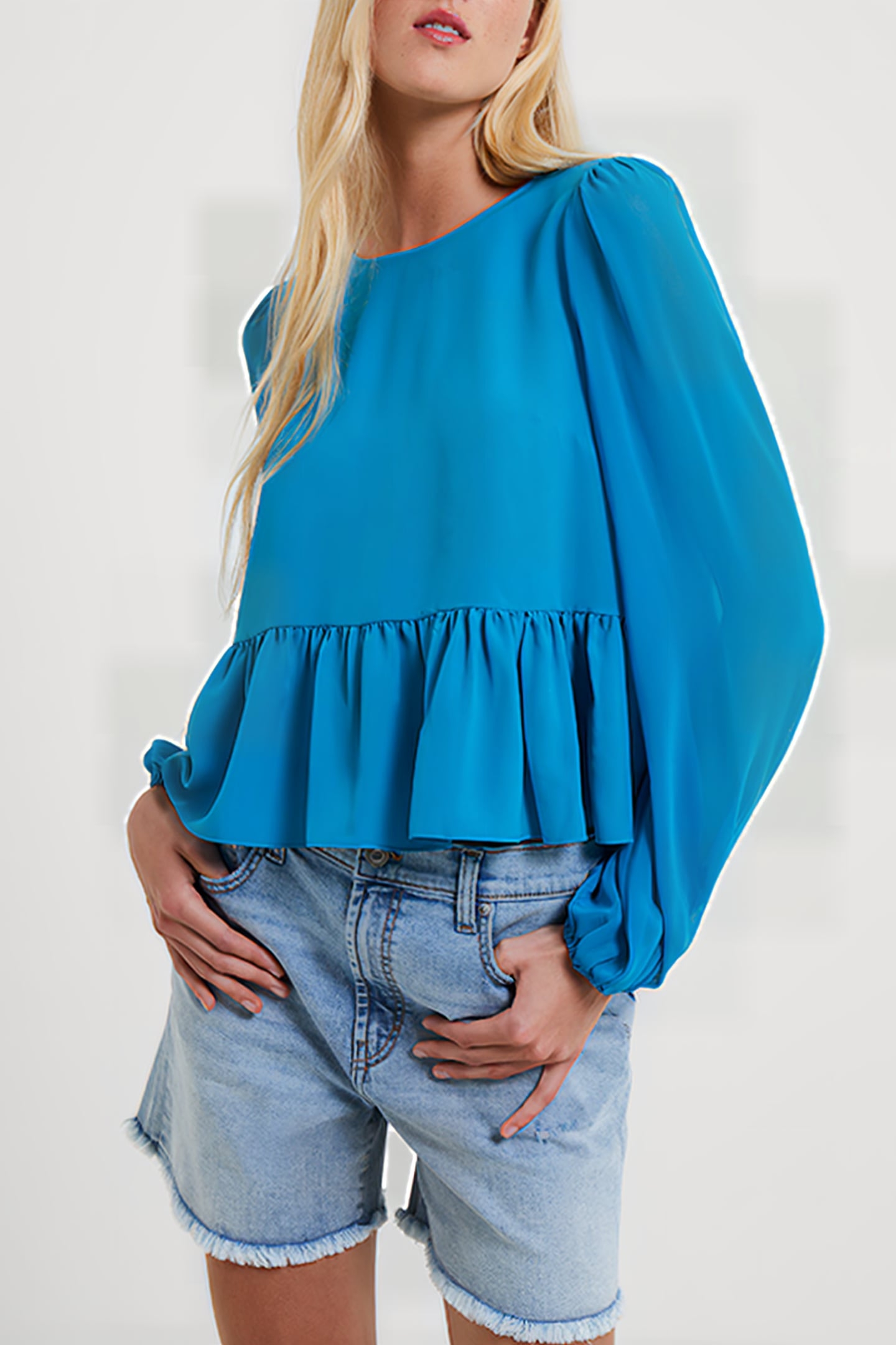 CREPE LIGHT GEORGETTE PEPLUM TOP MOSAIC BLUE 1