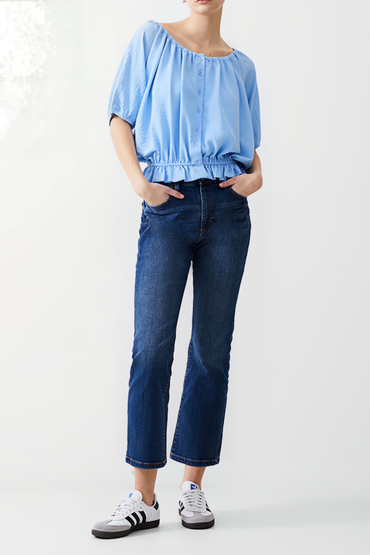 BUTTON CRINKLE PEASANT TOP PLACID BLUE 2