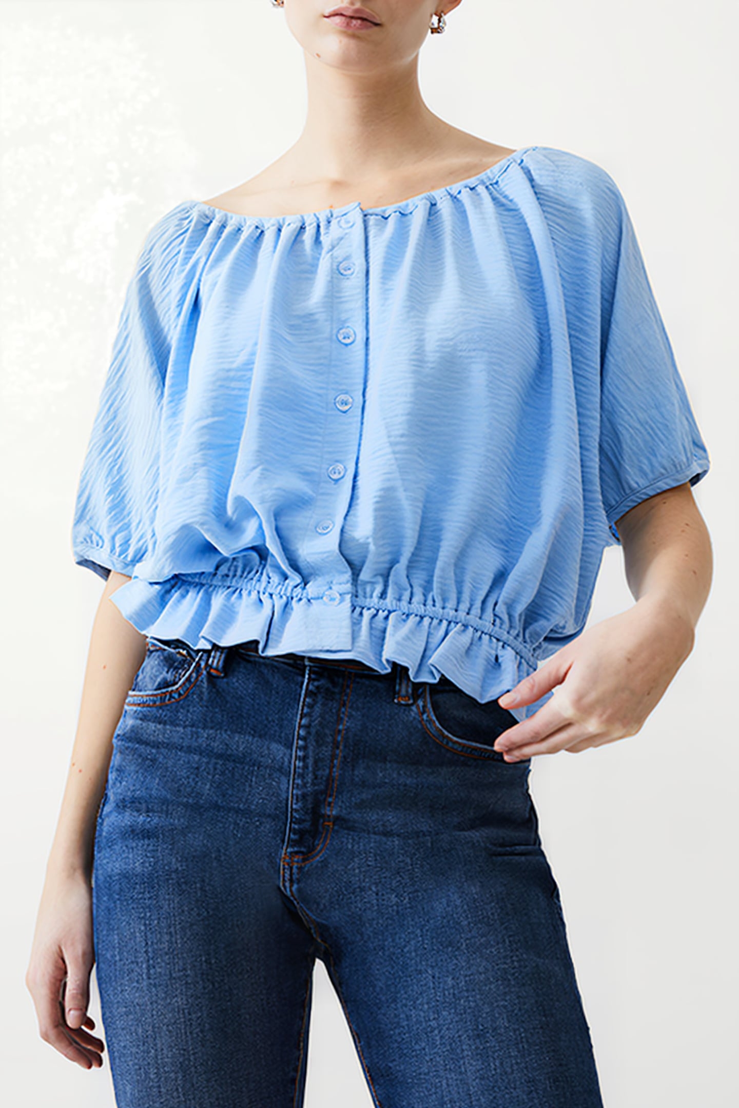 BUTTON CRINKLE PEASANT TOP PLACID BLUE 1