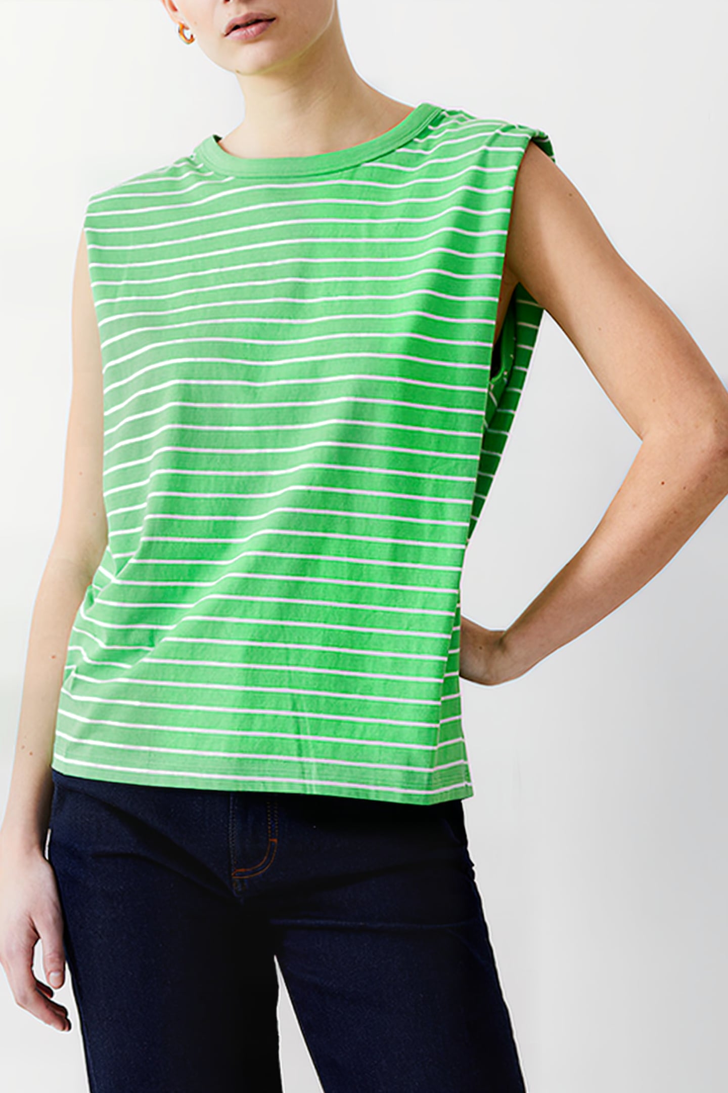 PADDED SHOULDER STRIPE TANK POISE GREEN/WHITE 1
