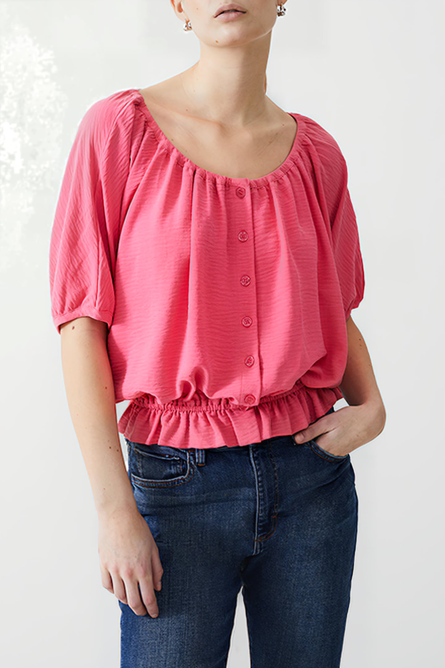 BUTTON CRINKLE PEASANT TOP CAMELLIA 1