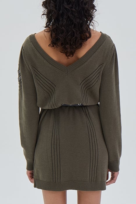 KHAKI CHEVRON STITCH KNIT SHORT DRESS 2