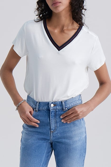 ECRU T-SHIRT WITH NAVY STRIPED RIBBING 1