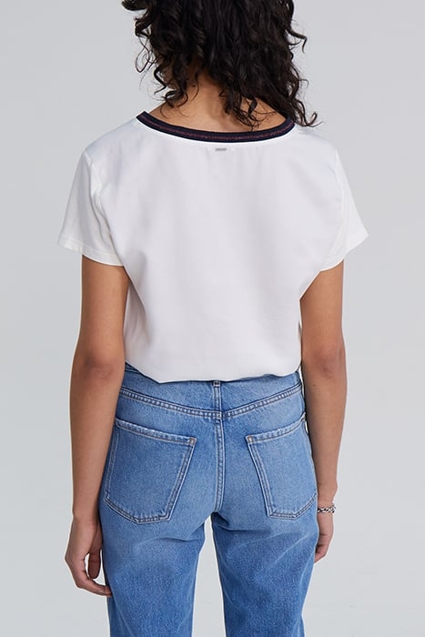 ECRU T-SHIRT WITH NAVY STRIPED RIBBING 2