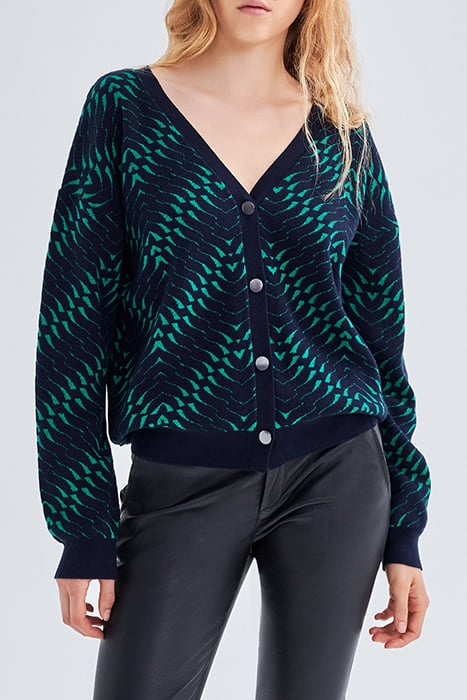 NAVY GEOMETRIC MOTIF JACQUARD KNIT CARDIGAN 1