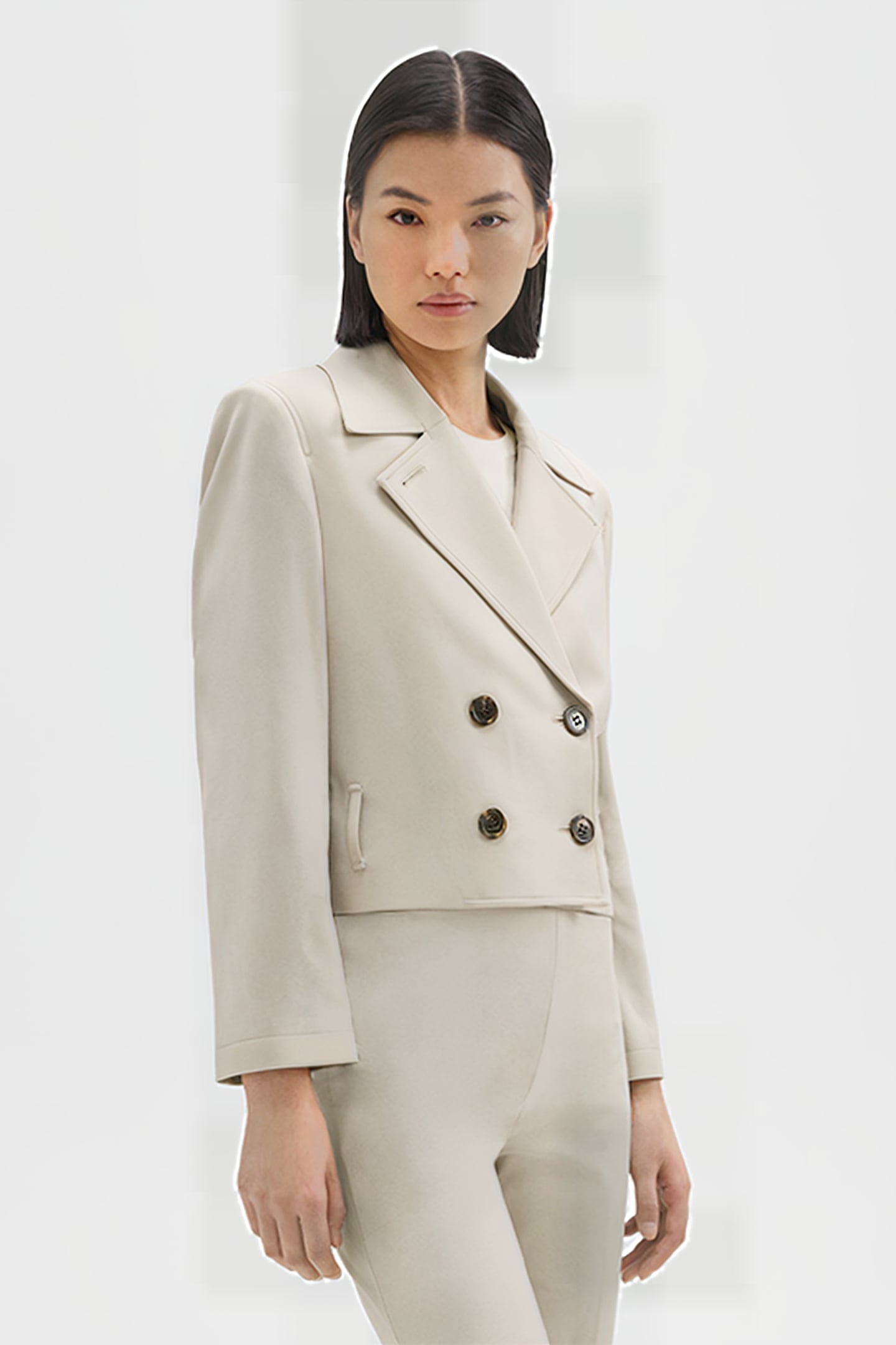 DOUBLE-BREASTED CROP TRENCH IN ADMIRAL CREPE PUMICE 1