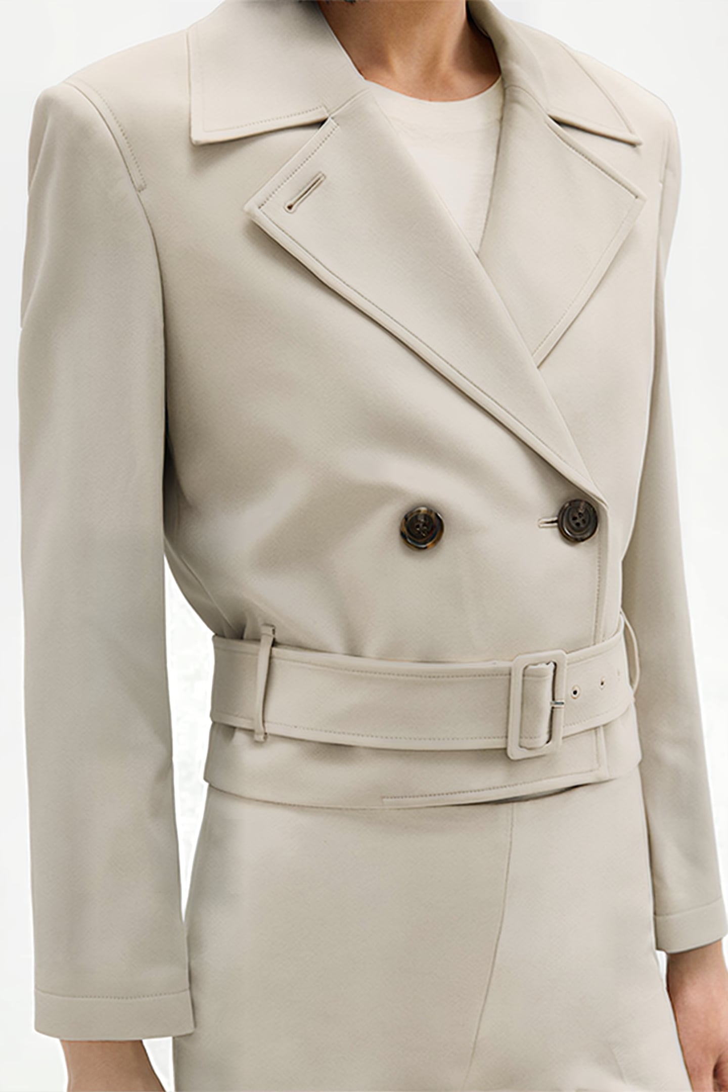 DOUBLE-BREASTED CROP TRENCH IN ADMIRAL CREPE PUMICE 2