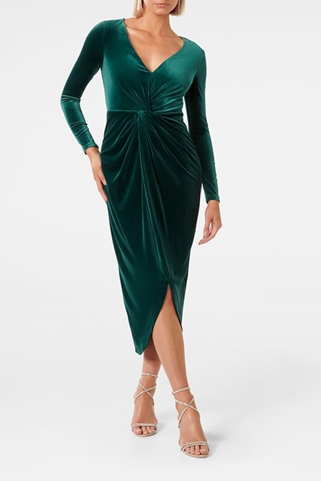 SOFIA VELVET TWIST FRONT MIDI DRESS EMERALD GREEN 4