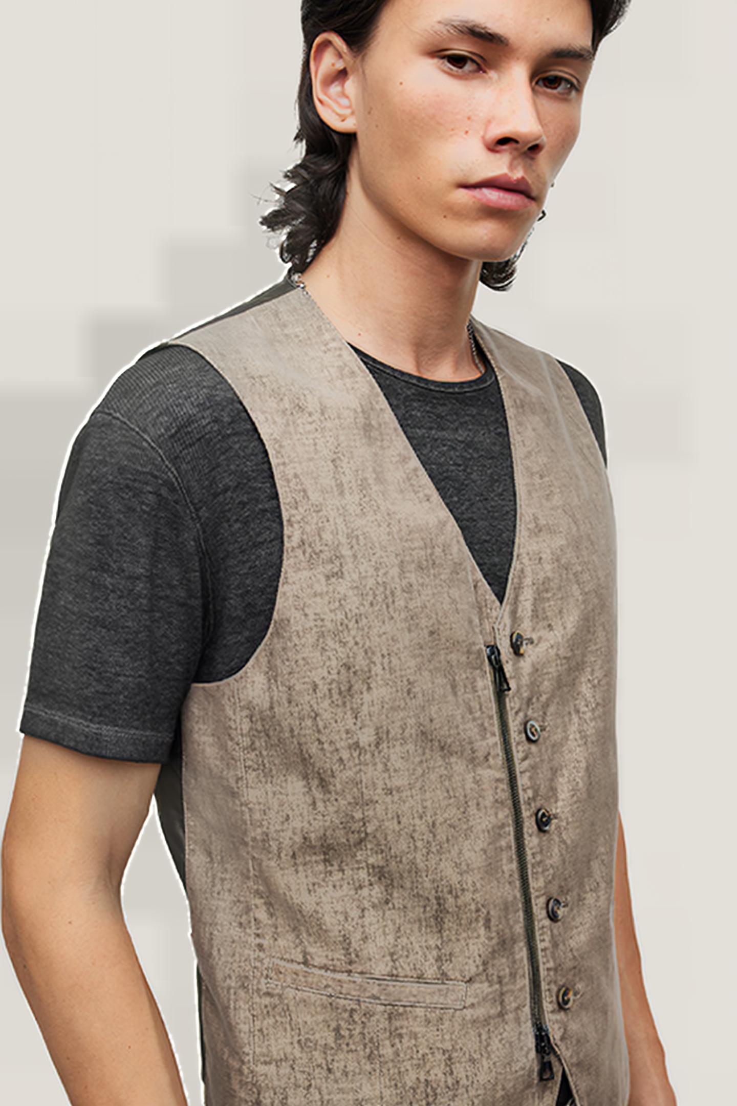 SLIM FIT VEST WITH ZIP/BUTTON CF PLACKET MUSHROOM 2