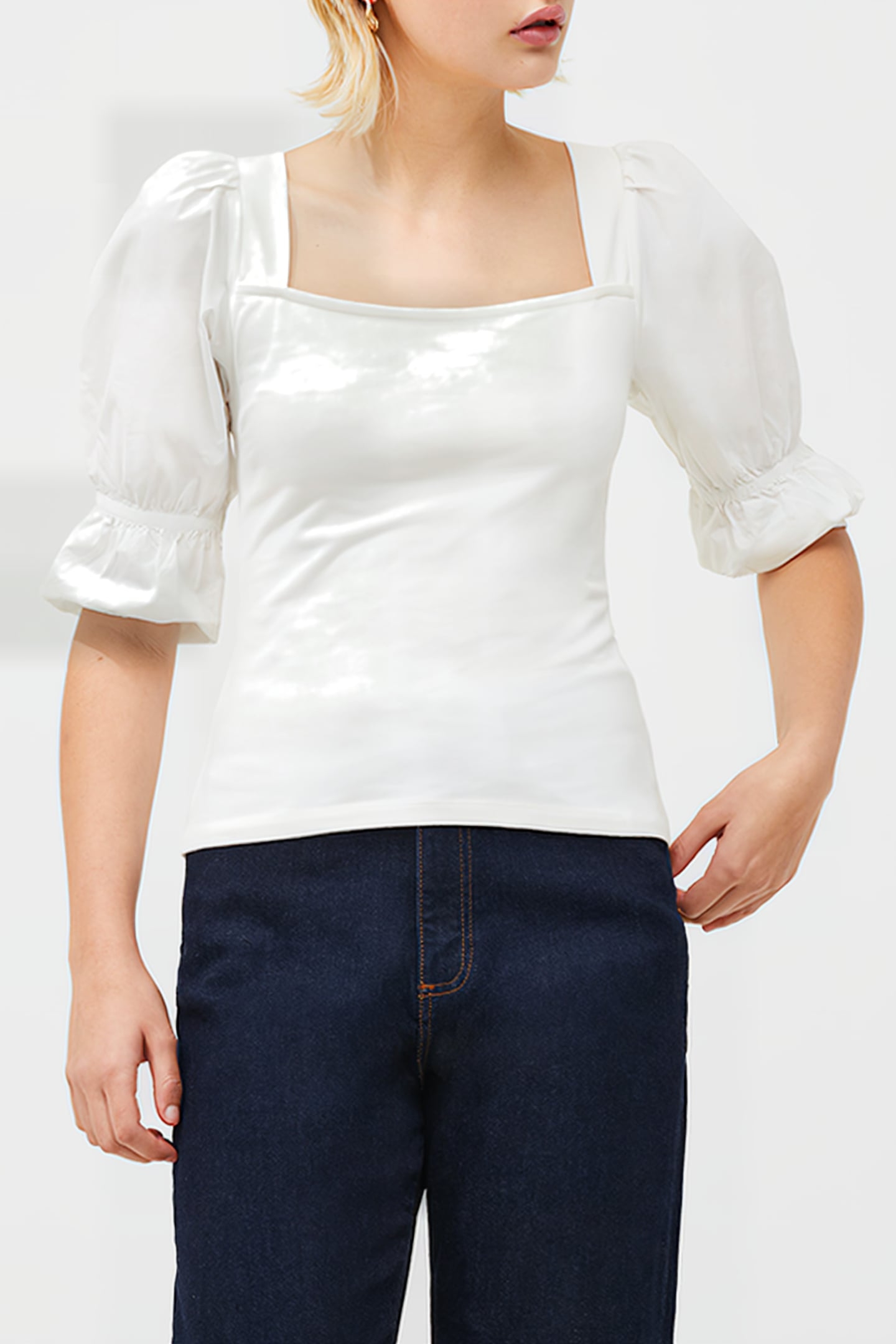 ROSANNA COT MIX PUFF SLEEVE TP WHITE 1