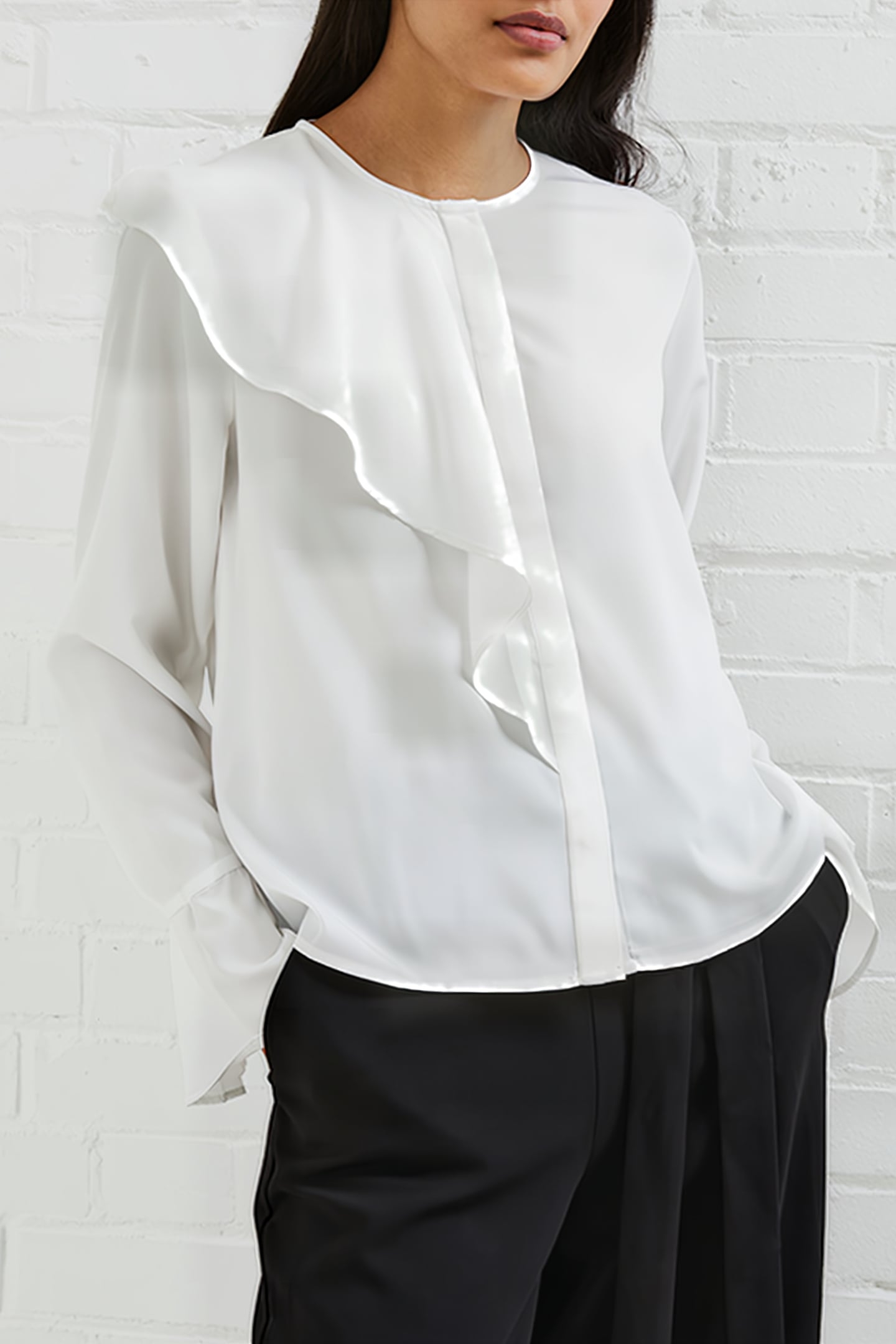 CREPE LIGHT ASYMM FRILL SHIRT WHITE 4
