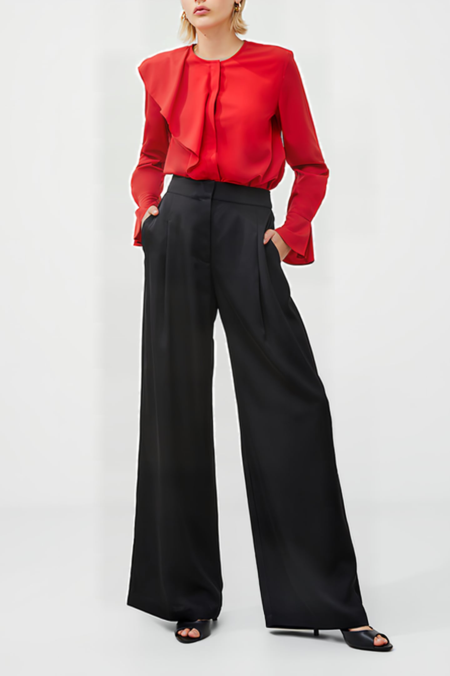 CREPE LIGHT ASYMM FRILL SHIRT RED 3