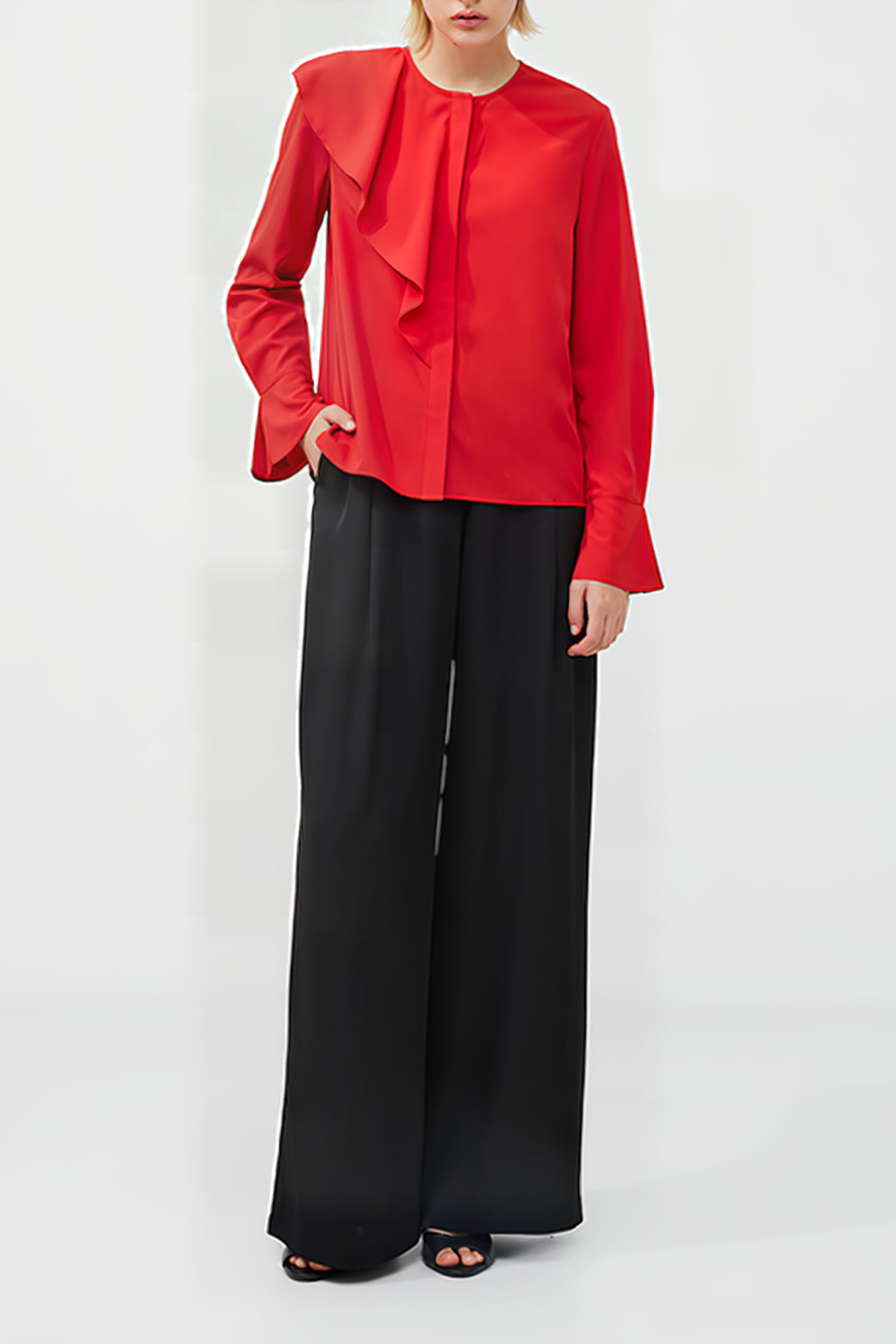 CREPE LIGHT ASYMM FRILL SHIRT RED 1