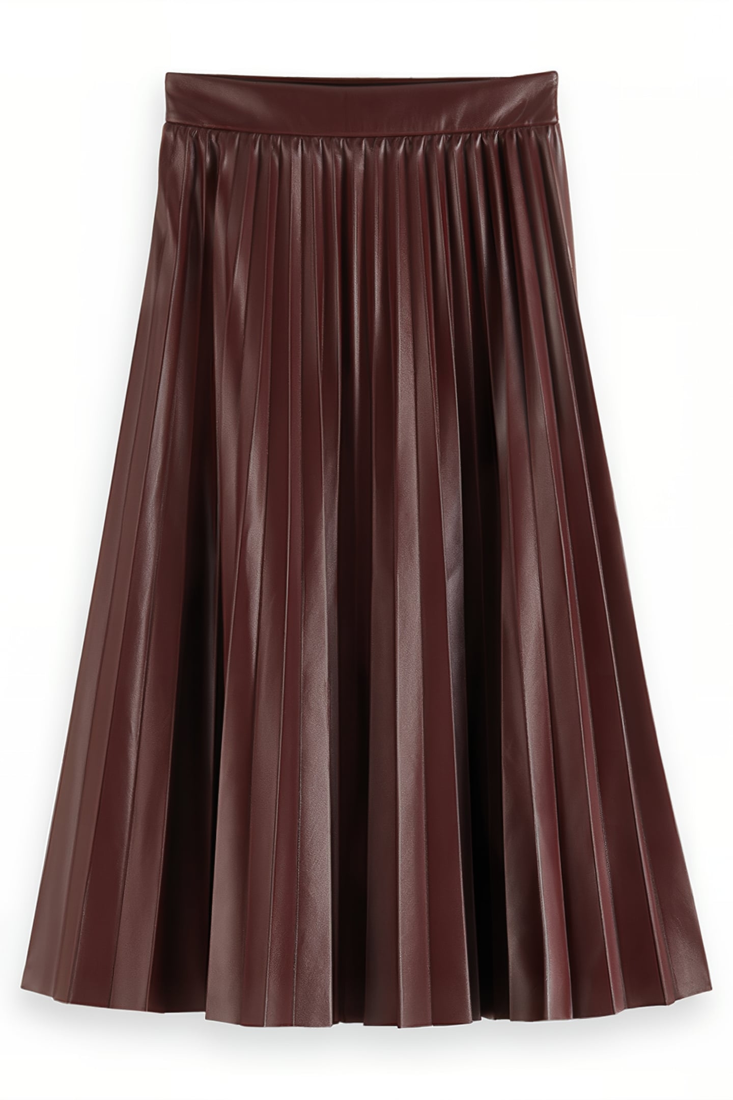 FAUX LEATHER PLEATED HIGH RISE MIDI SKIRT BORDEAUX 3