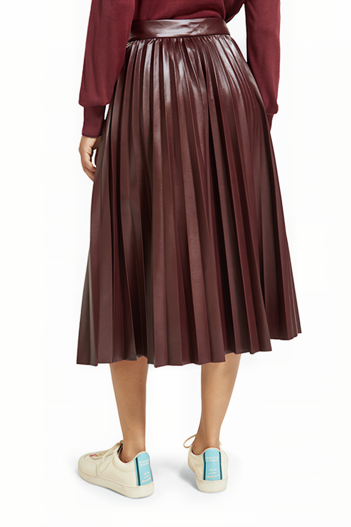 FAUX LEATHER PLEATED HIGH RISE MIDI SKIRT BORDEAUX 2