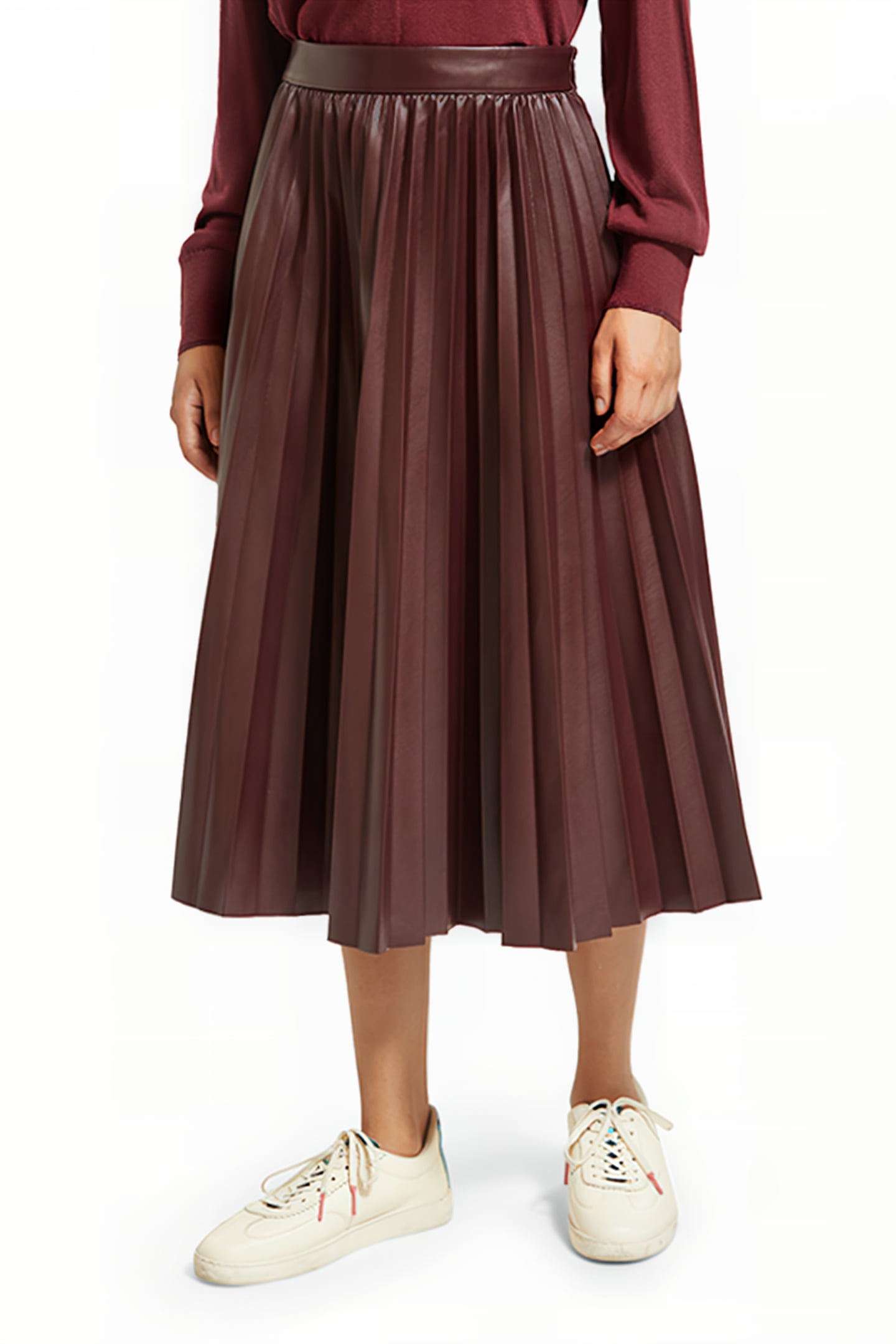 FAUX LEATHER PLEATED HIGH RISE MIDI SKIRT BORDEAUX 1