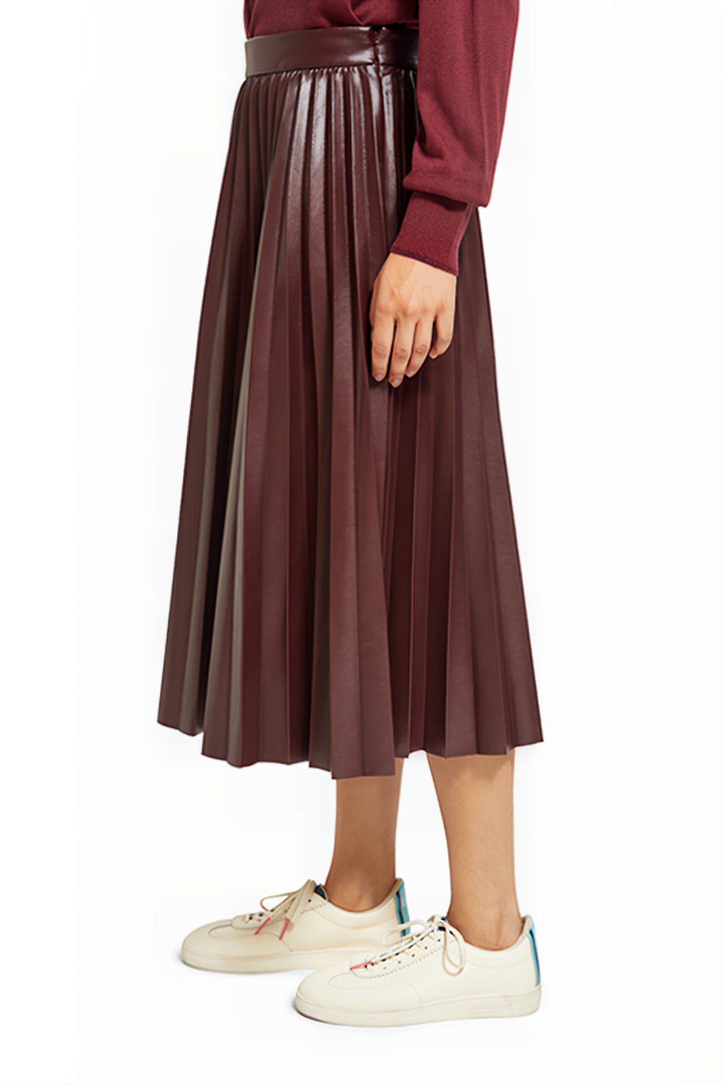 FAUX LEATHER PLEATED HIGH RISE MIDI SKIRT BORDEAUX 5