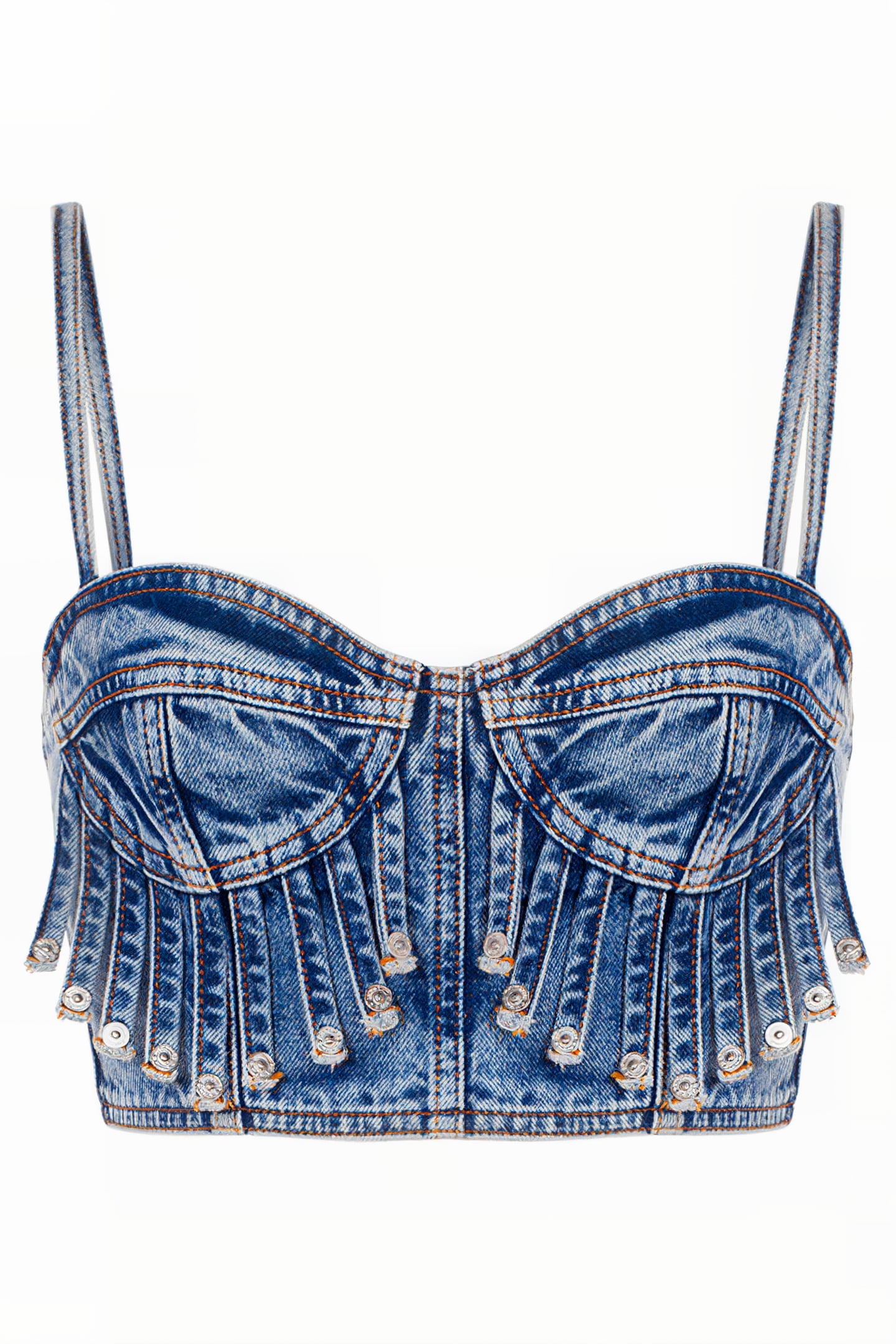 RECYCLED DENIM CROP TOP WITH FRINGES BLUE 3