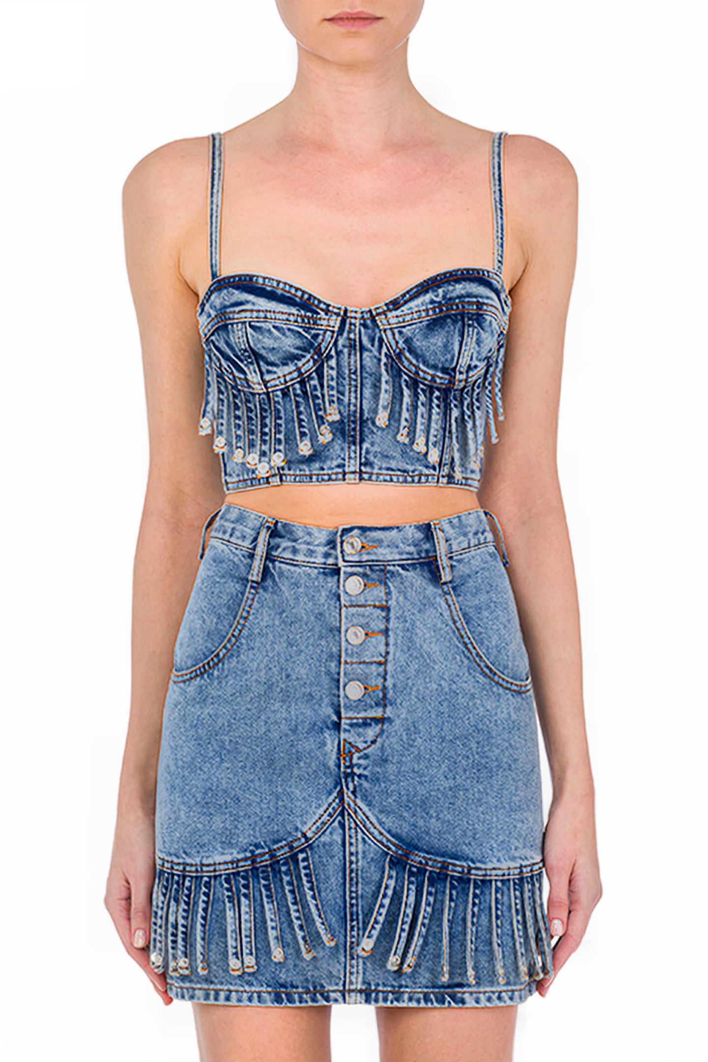 RECYCLED DENIM CROP TOP WITH FRINGES BLUE 1