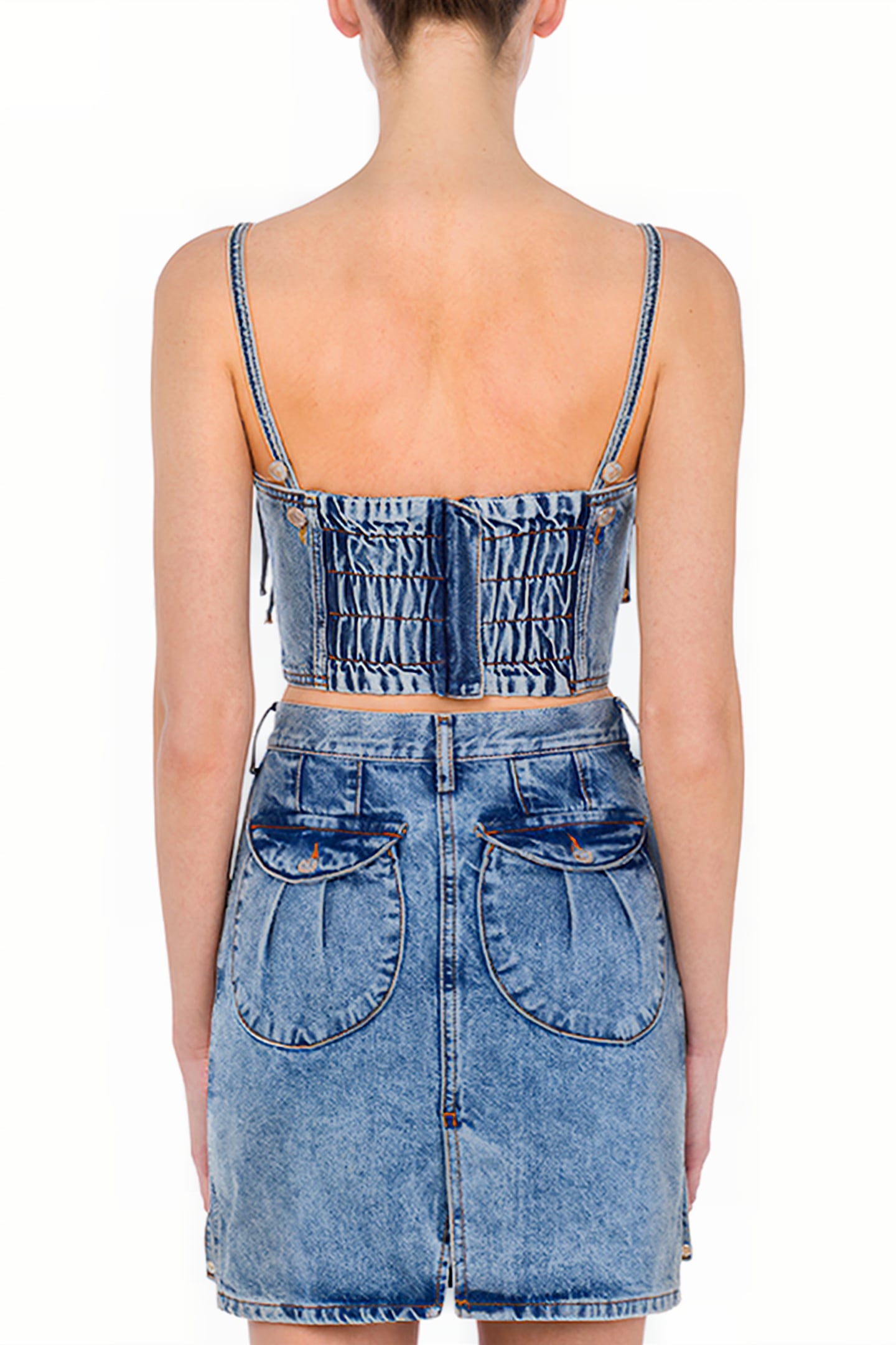 RECYCLED DENIM CROP TOP WITH FRINGES BLUE 2