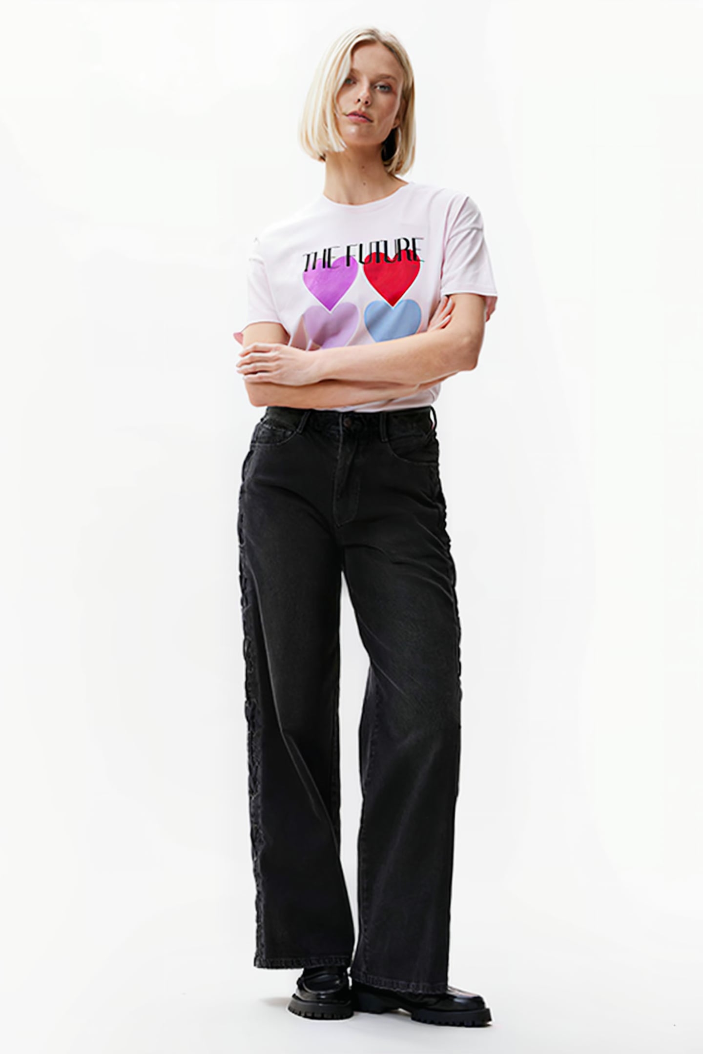 LOOSE FIT JEANS WITH LACE DETAIL WASHED BLACK 1