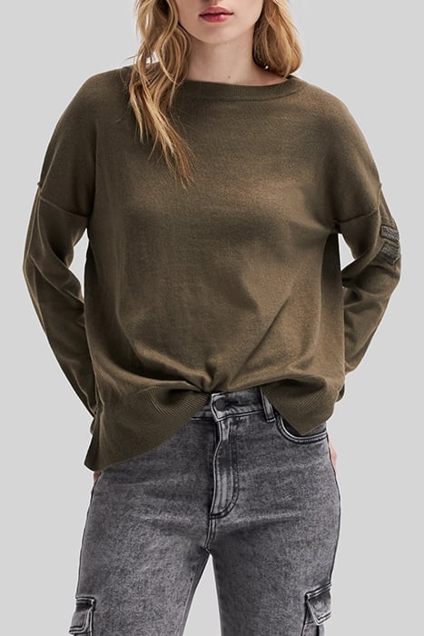 KHAKI HERRINGBONE BOAT-NECK JUMPER WITH JEWELS AND STITCHES 1