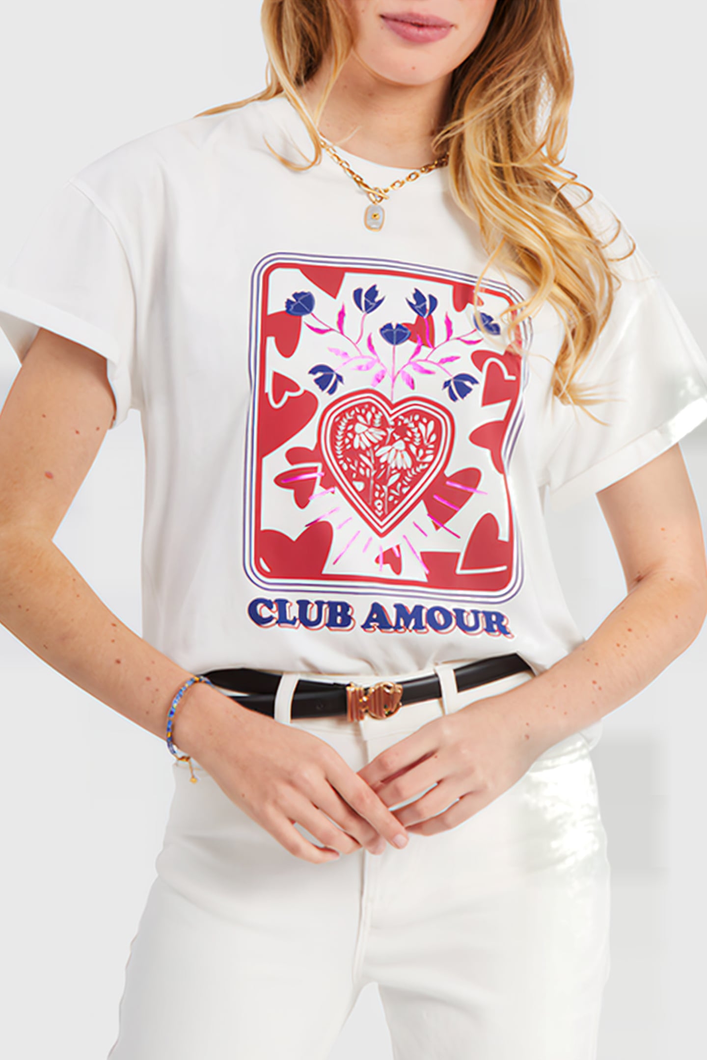 OFF-WHITE T-SHIRT, ROCK MINI-FLOWER & HEART IMAGE 1