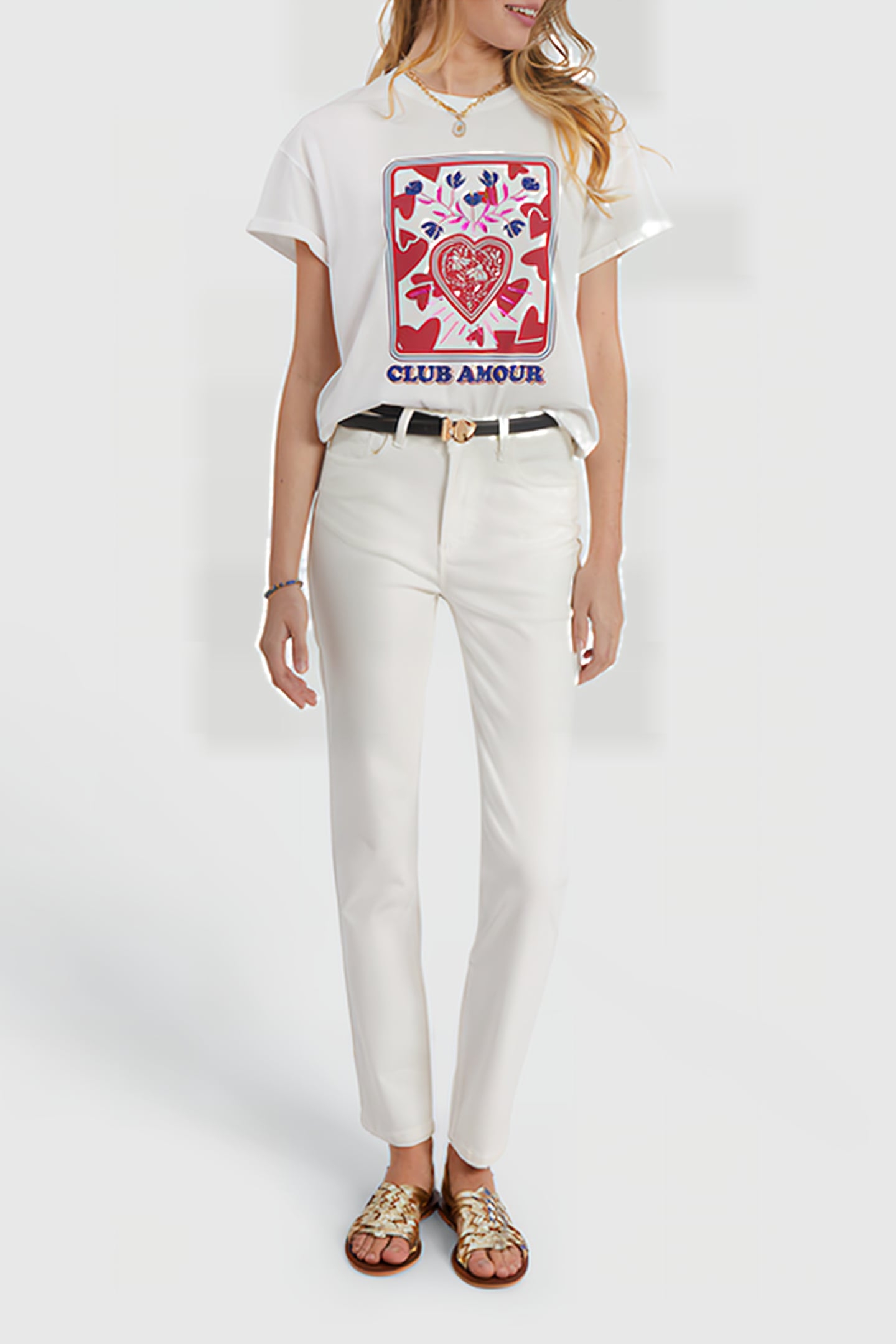 OFF-WHITE T-SHIRT, ROCK MINI-FLOWER & HEART IMAGE 3