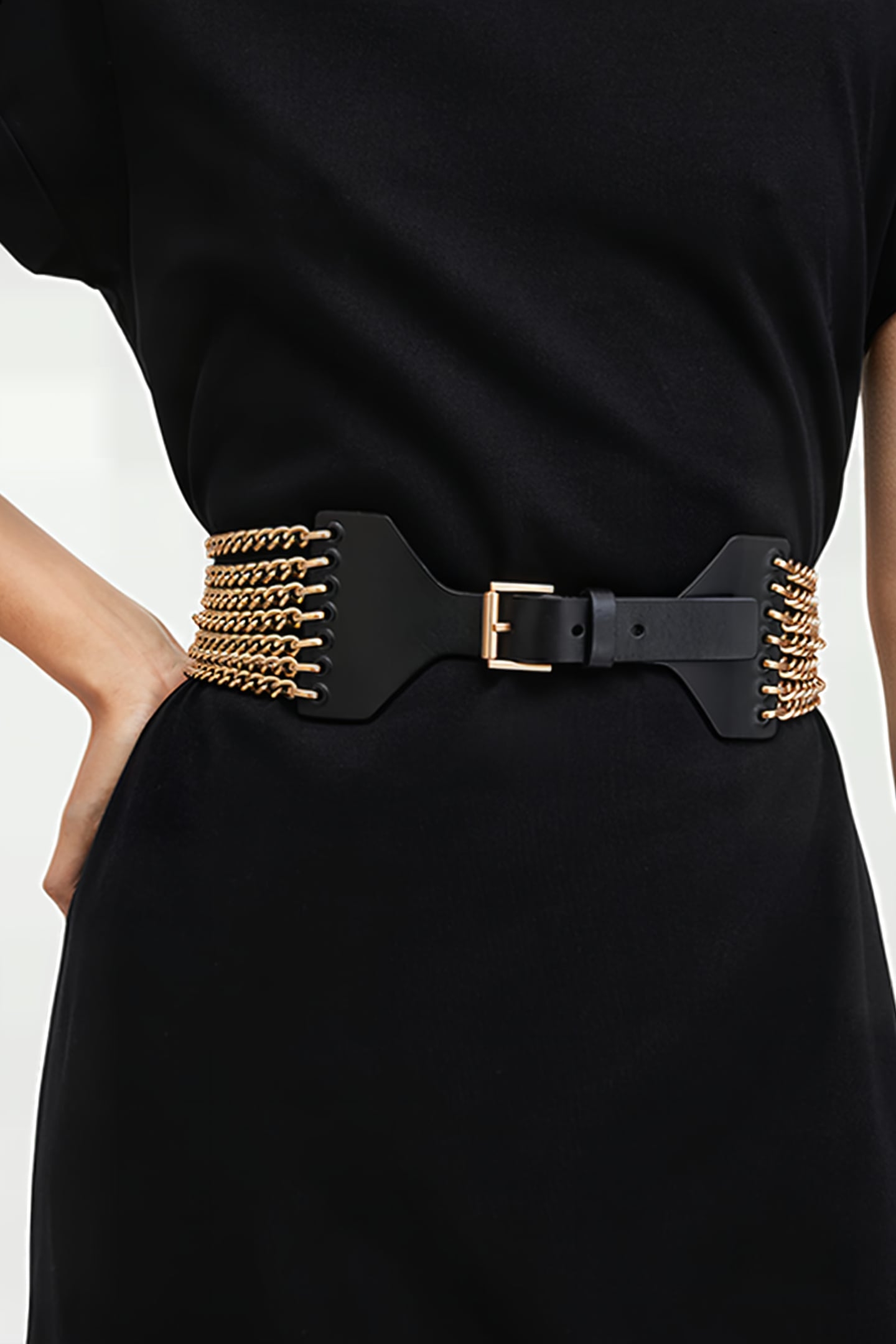 ZORA CHAIN WIDE BELT BLACK/WARM BRASS 2