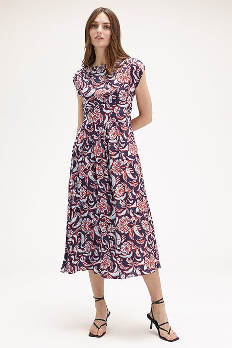 LONG SCARF PATTERN SATIN DRESS BLUE 1