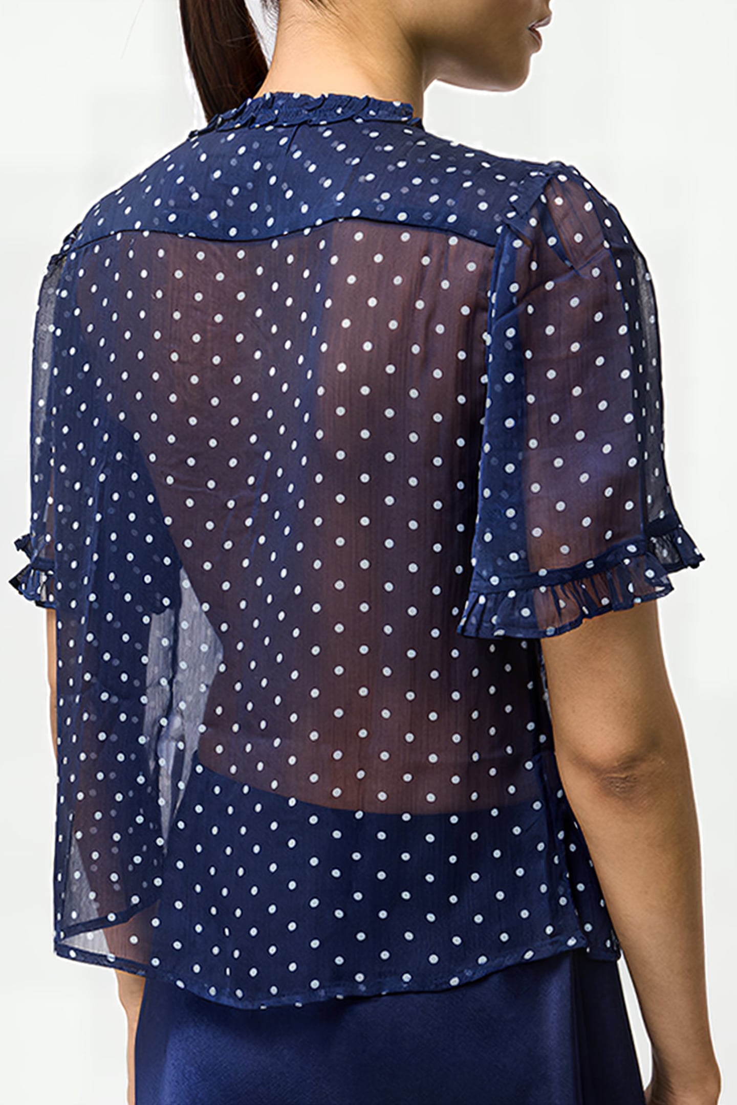 POLKA DOT SHORT SLEEVE RUFFLE TOP MIDNIGHT/SUMMER WHT 2