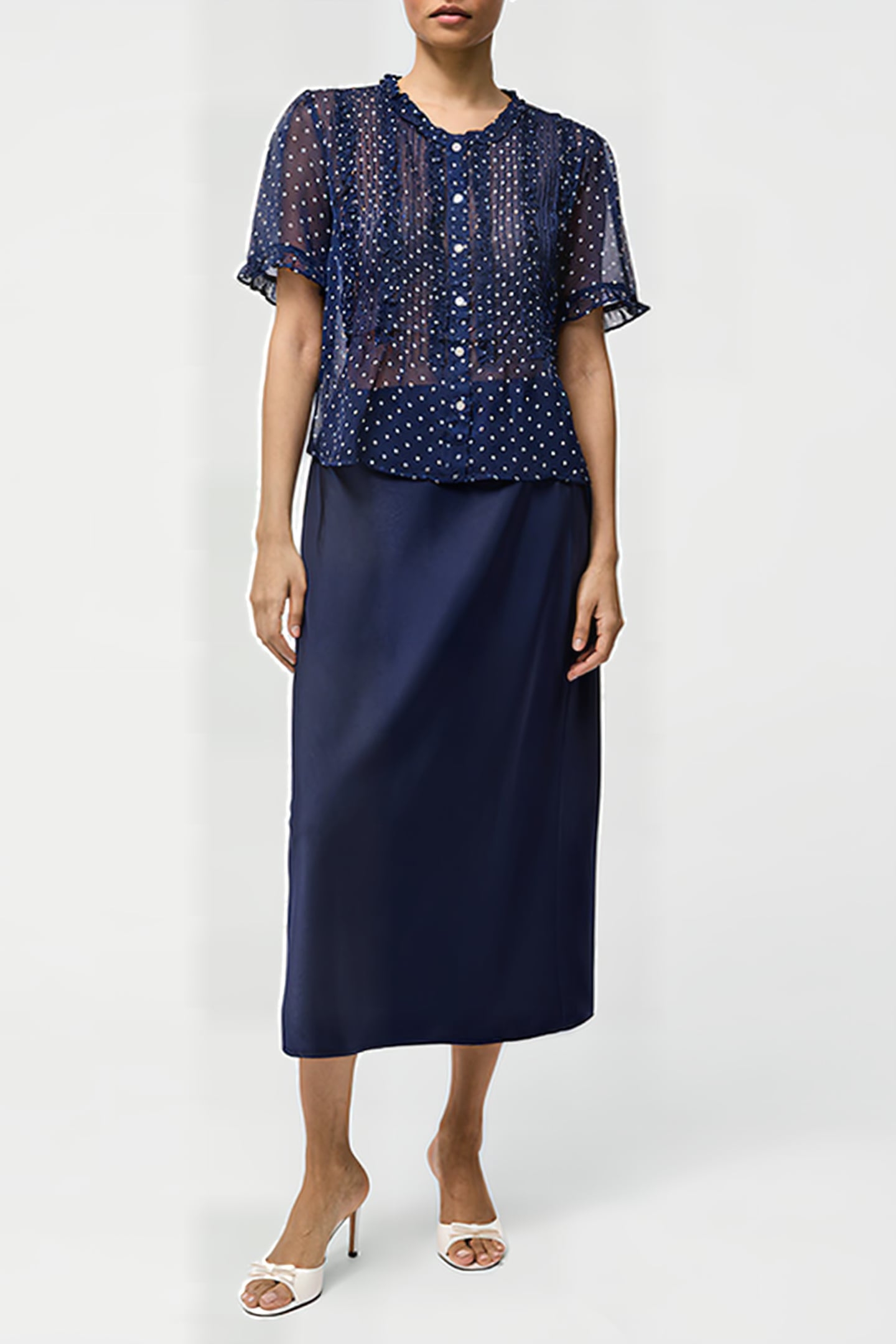 POLKA DOT SHORT SLEEVE RUFFLE TOP MIDNIGHT/SUMMER WHT 1