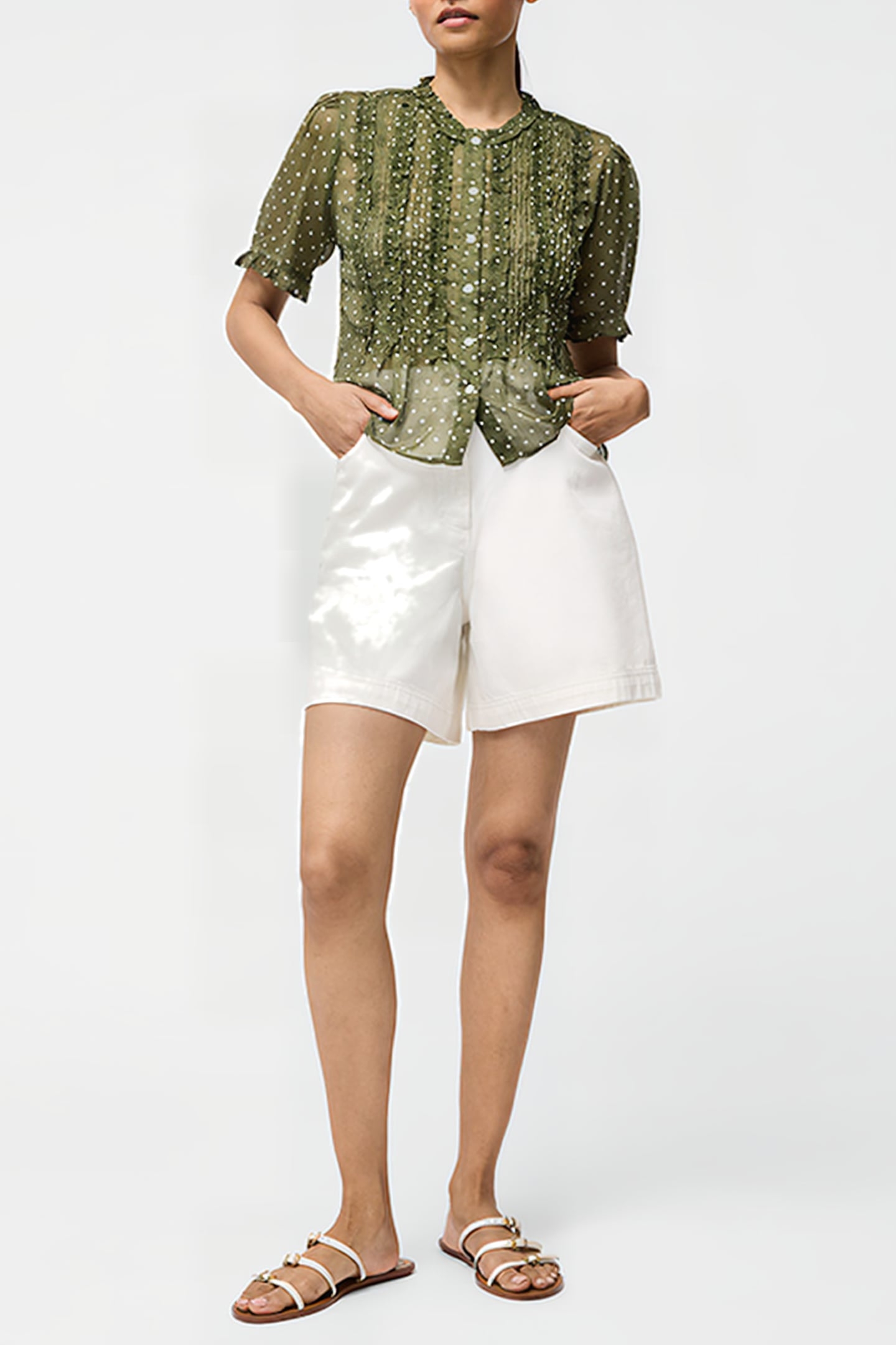 POLKA DOT SHORT SLEEVE RUFFLE TOP SZ18 KHAKI/SUMMER 2