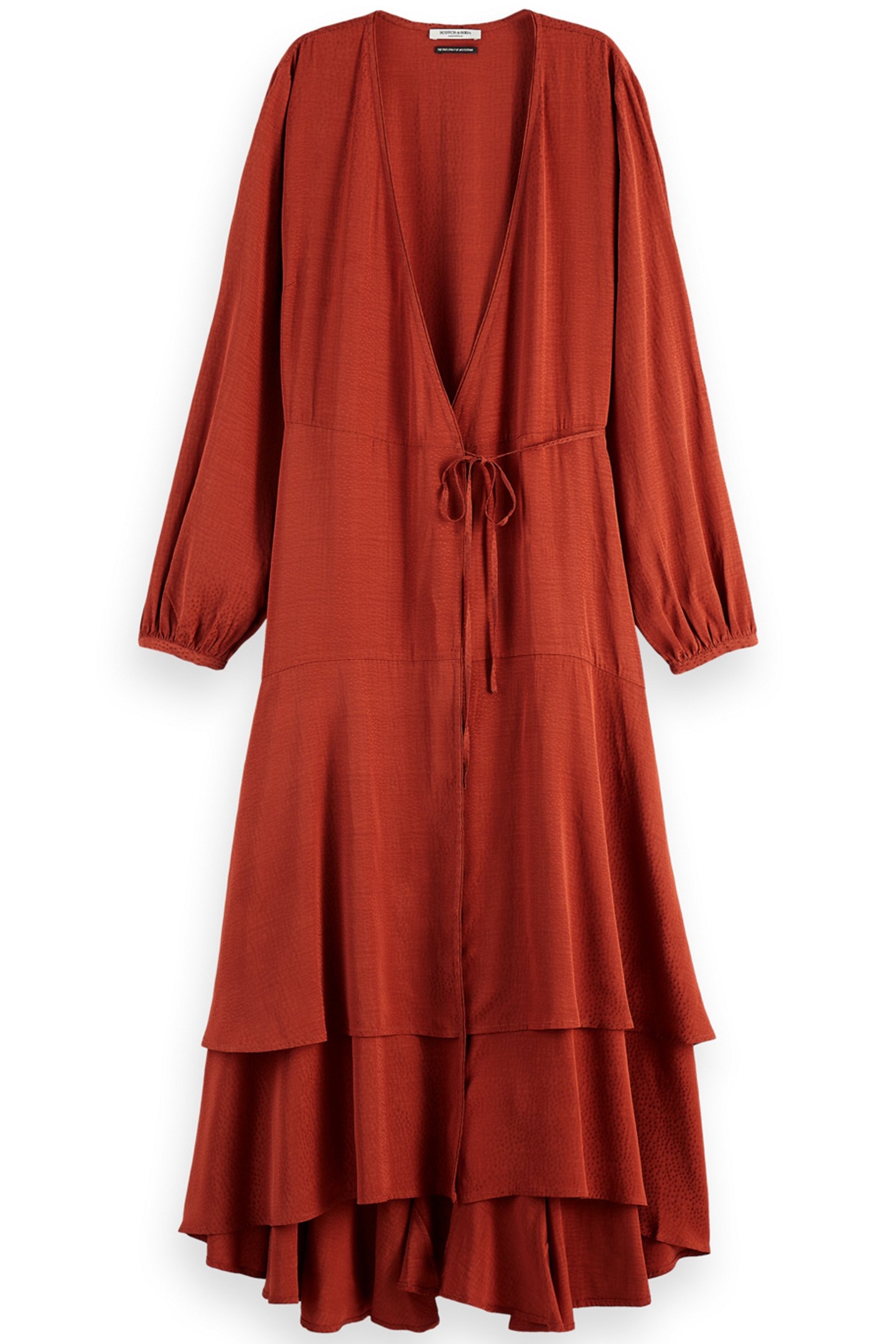 VISCOSE JACQUARD MIDI WRAP DRESS RUST 1