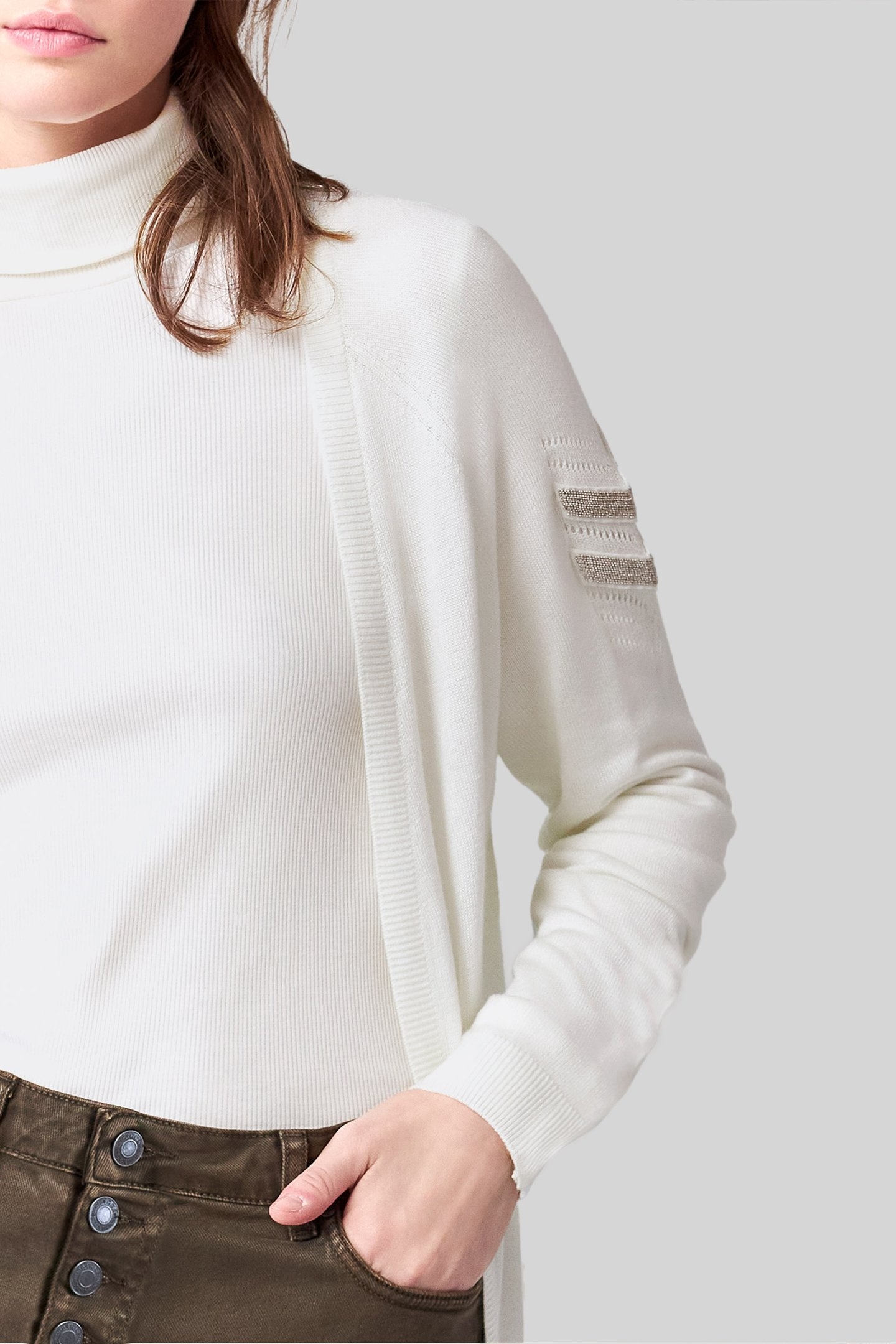 ECRU MID-LENGTH CARDIGAN, EMBROIDERED CHEVRONS 6