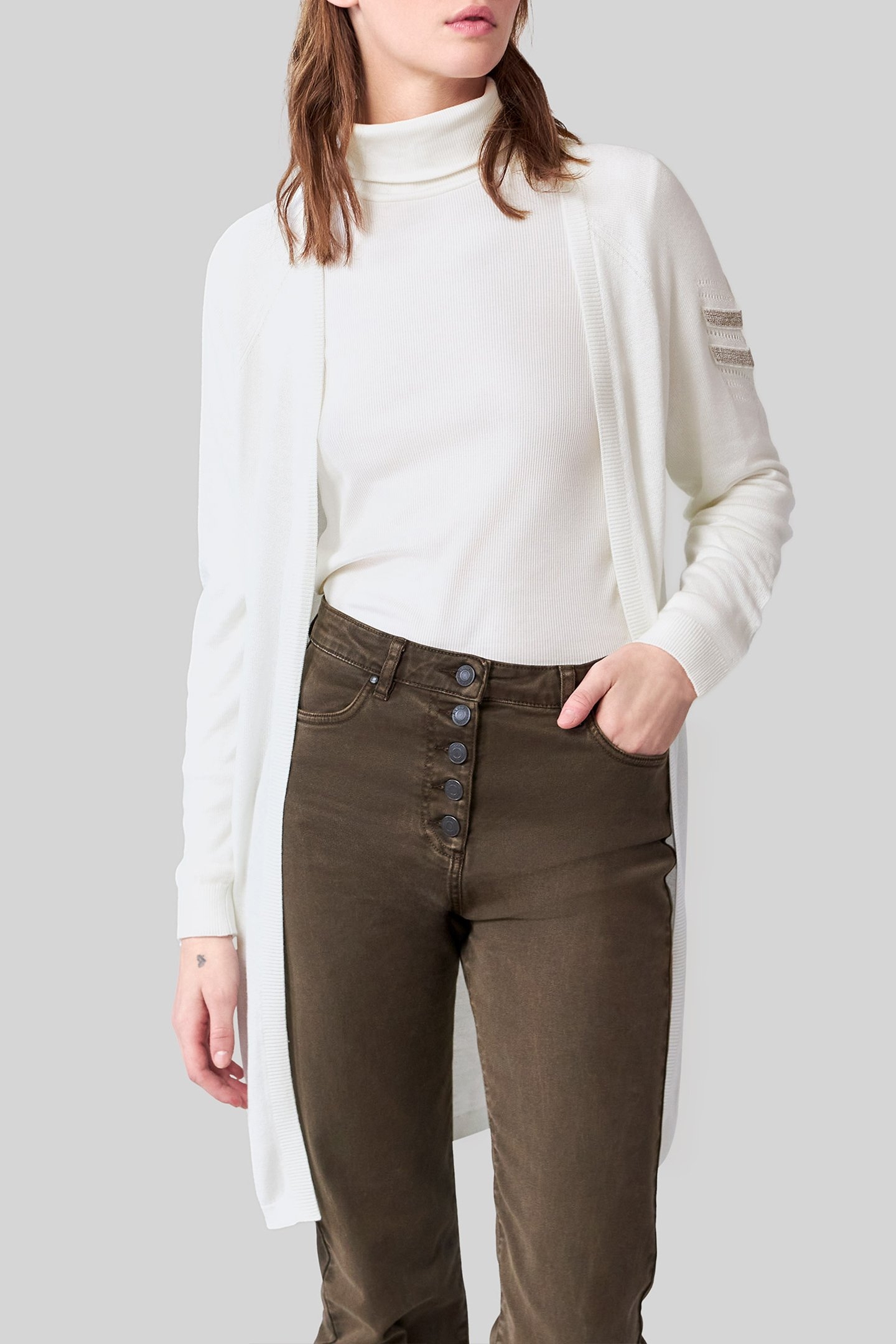 ECRU MID-LENGTH CARDIGAN, EMBROIDERED CHEVRONS 5