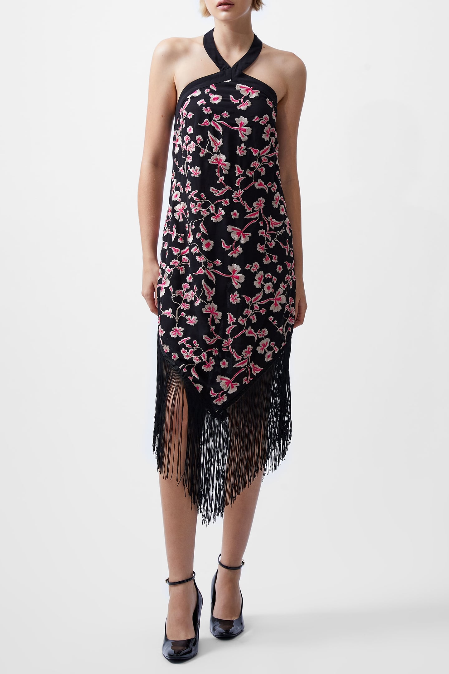 BRYONY EMB HALTER NK DRESS BLACKOUT/PINK MULTI 1