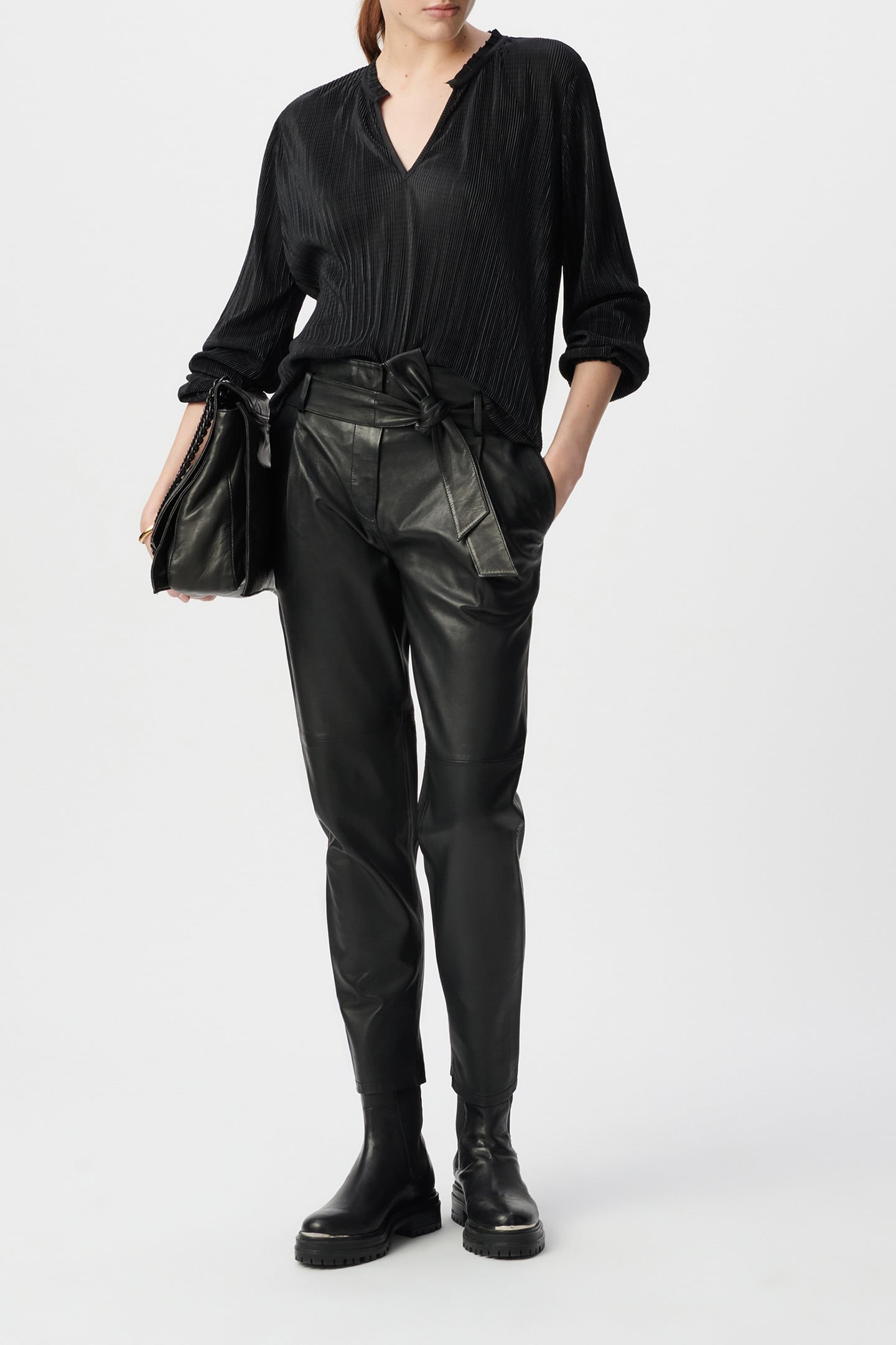 BLACK LAMBSKIN LEATHER HIGH.WAIST TROUSERS 4