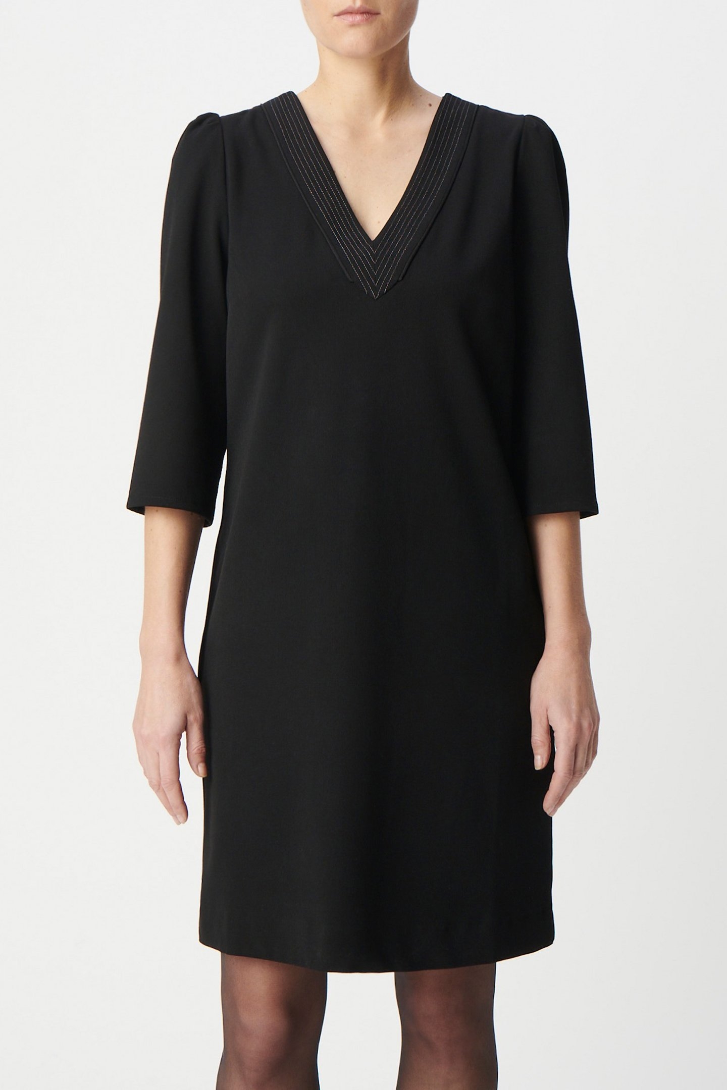 V-NECK LUREX OVERSTITCHED BLACK WRAP DRESS 1