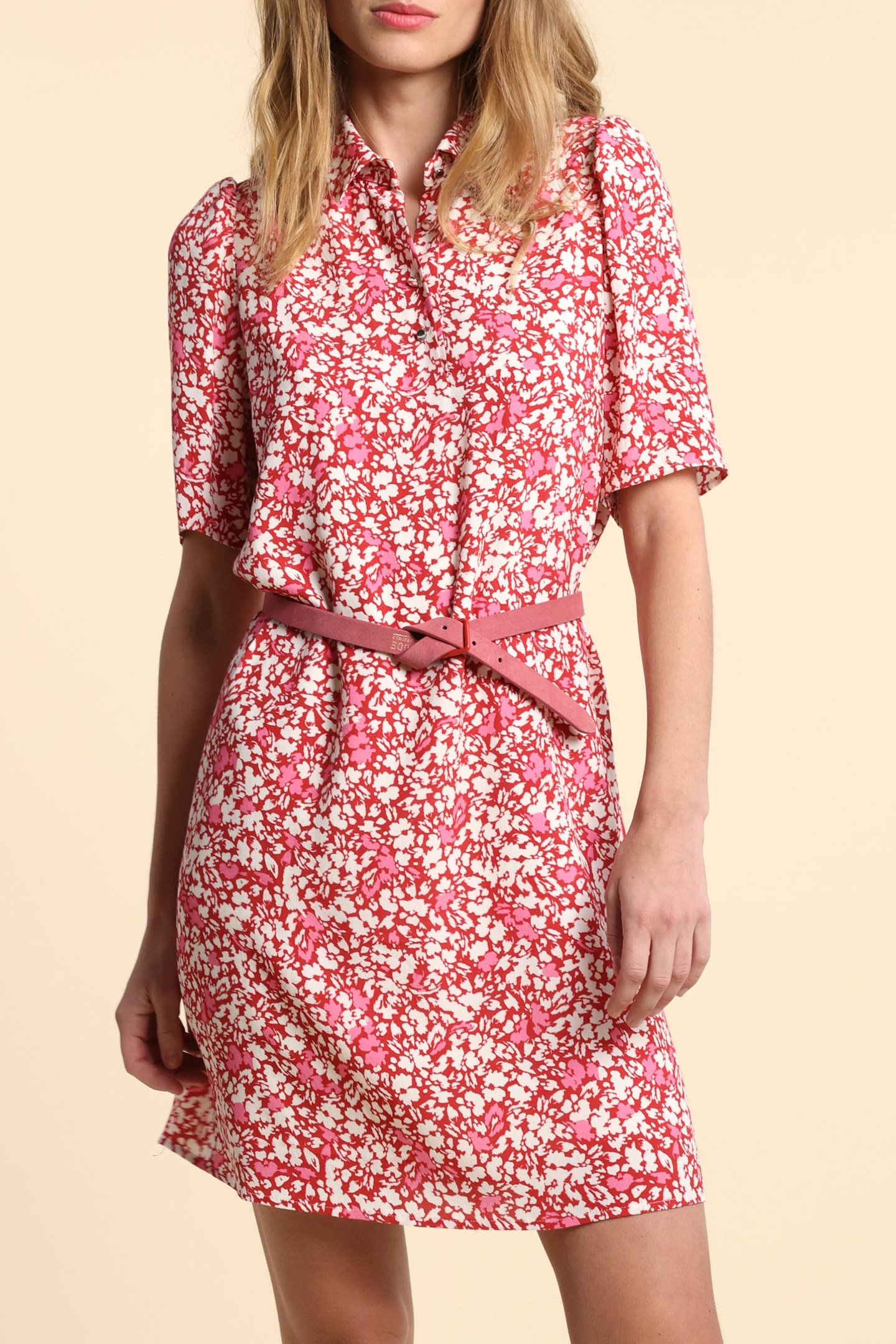 RED SHIRT DRESS WITH FLORAL TACHIST PRINT 1