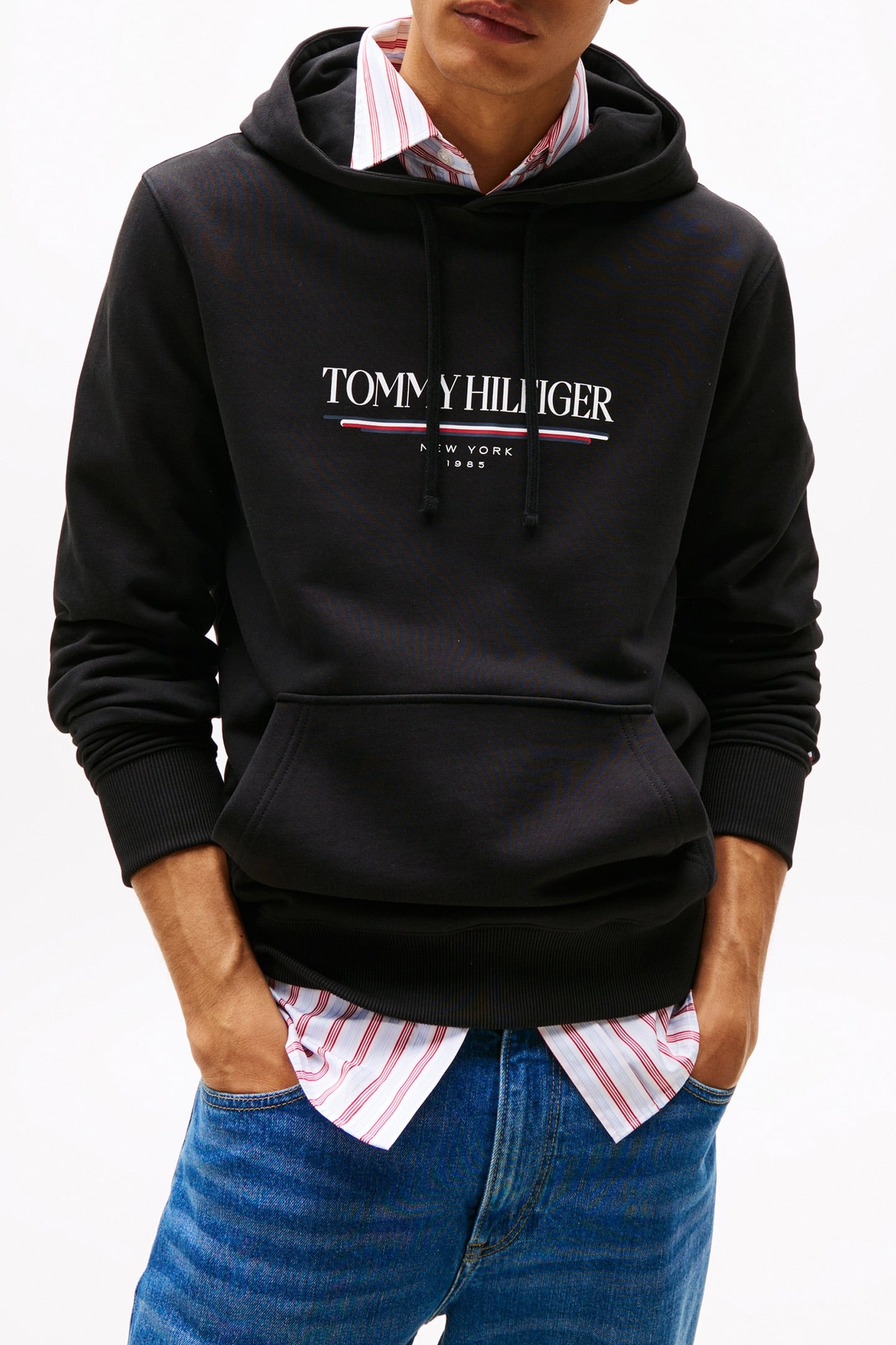 SLIM FIT LONG SLEEVE HOODIE, BLACK 1